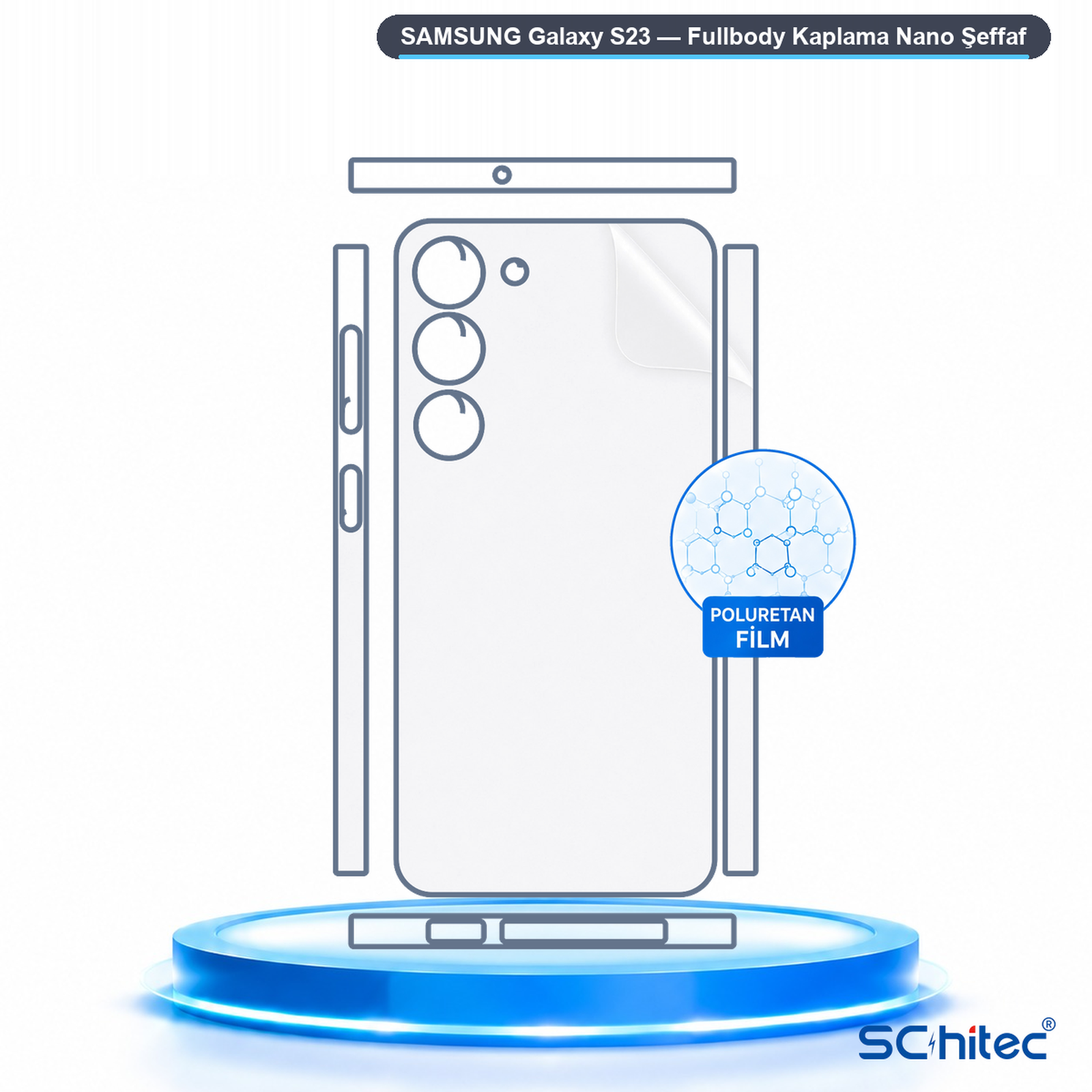 Mavi bir kaide üzerinde Samsung Galaxy S23 şeffaf koruyucu film şeması.