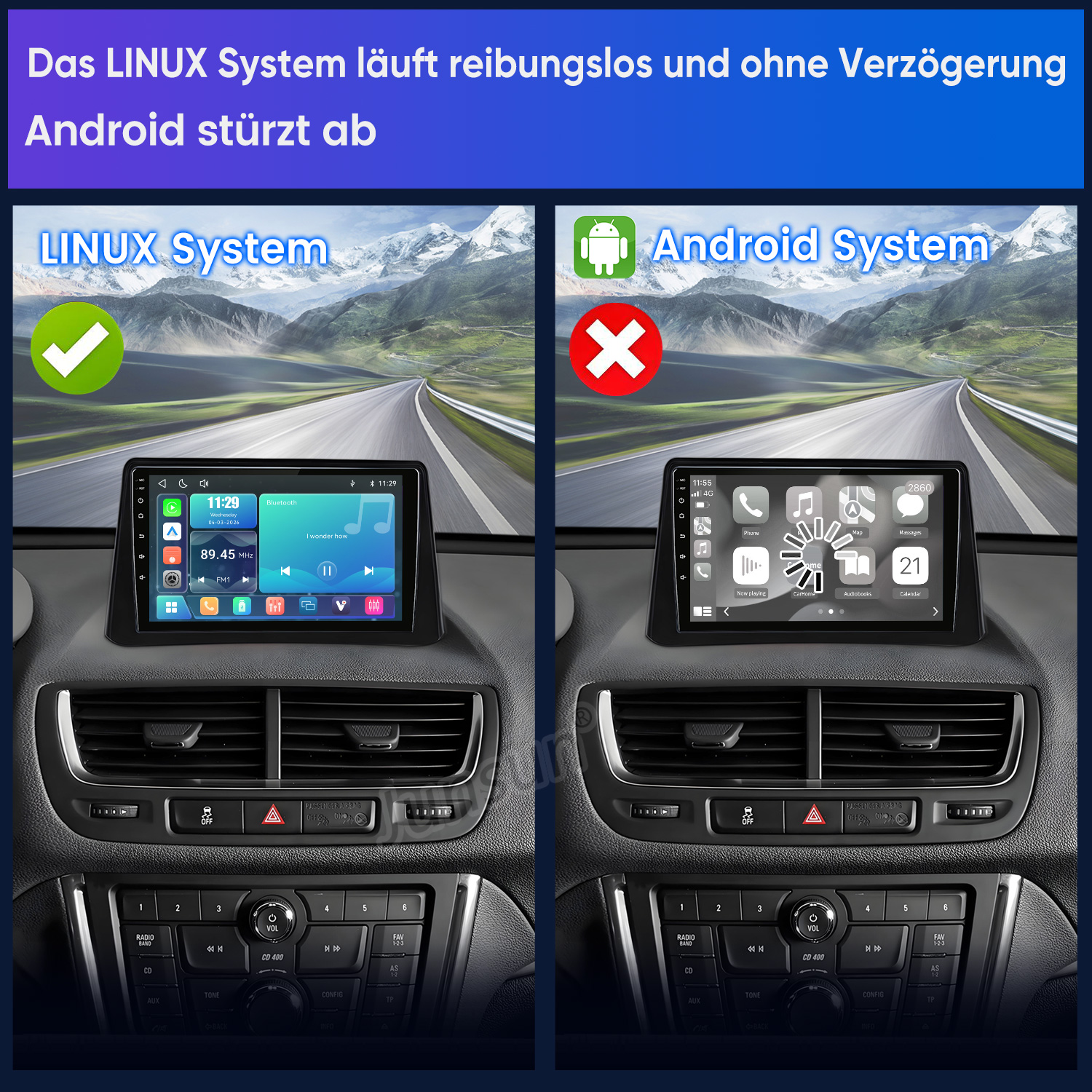 Vergleich von Linux- und Android-Auto-Displays, Linux läuft mit grünem Haken, Android stürzt mit rotem Kreuz ab.