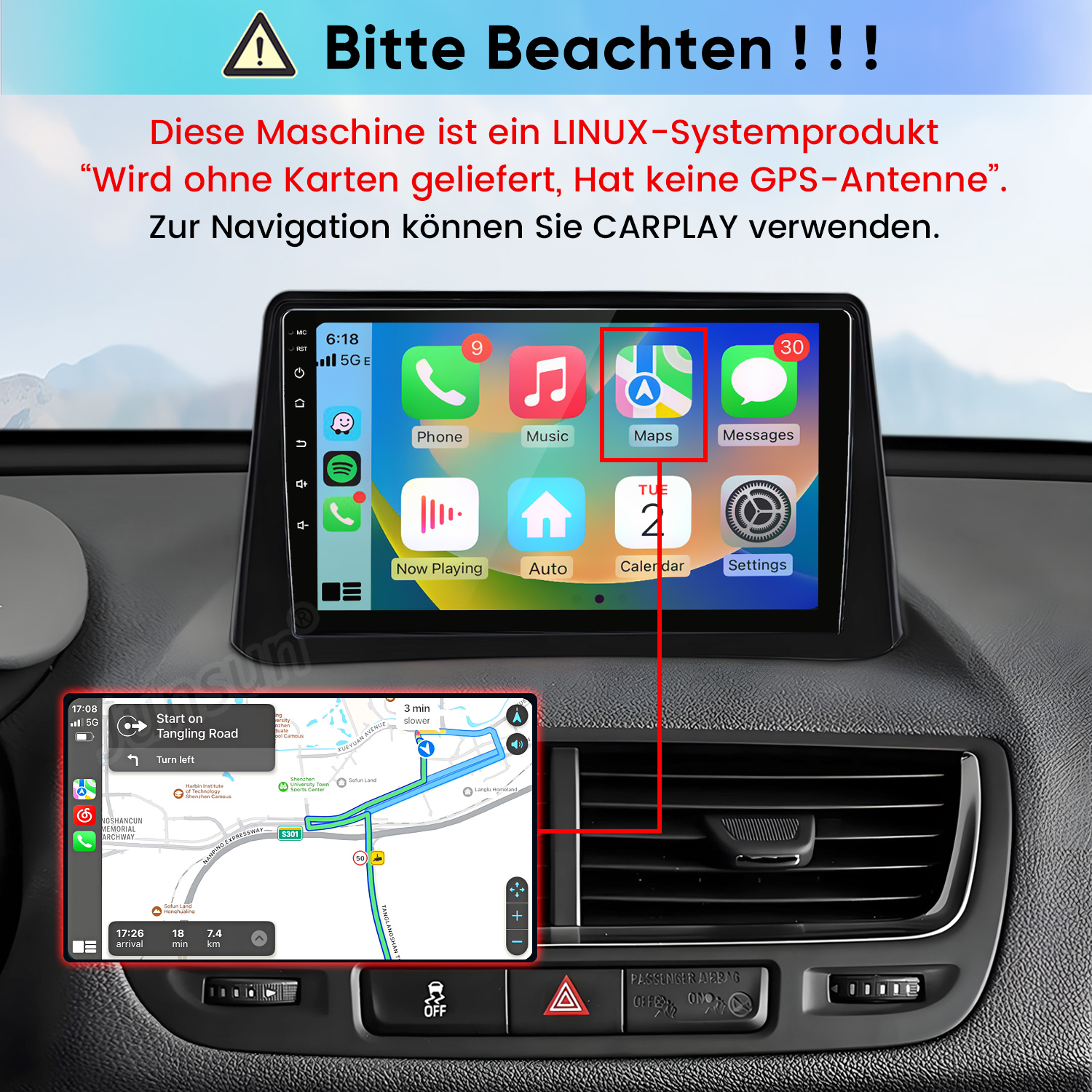 Ein Car-Display zeigt ein Menü mit Apps und eine Navigation über CarPlay in einem Armaturenbrett.