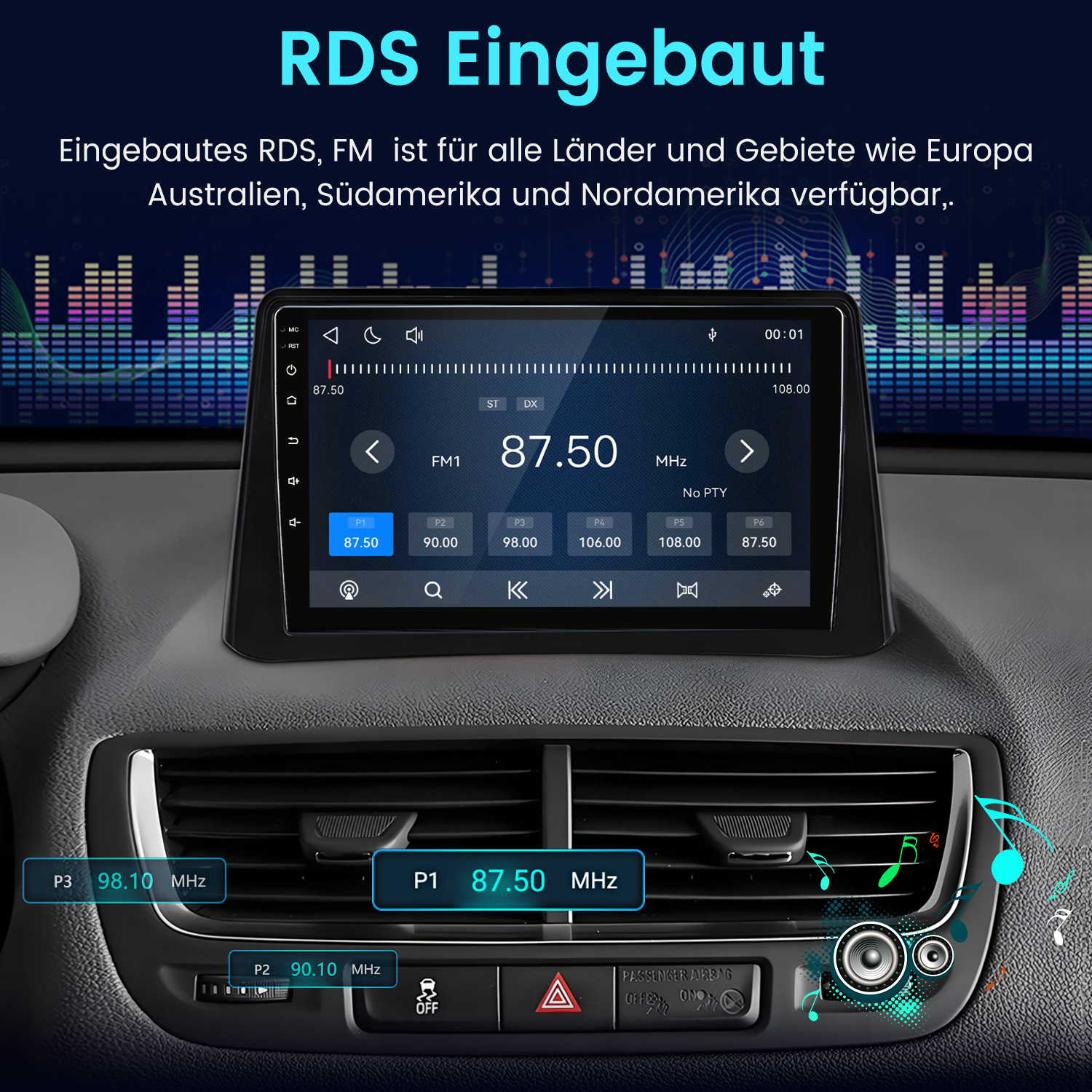 Ein Car-Audio-Bildschirm im Armaturenbrett zeigt die UKW-Radiofrequenz an, umgeben von deutschsprachigem Text.