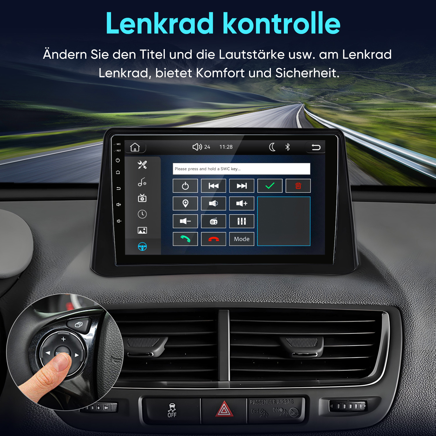 Ein Car-Display zeigt Lenkradsteuerungsoptionen mit Icons vor einer kurvigen Straße.