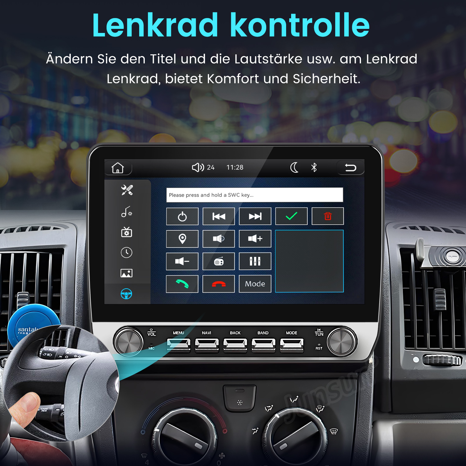 Ein Car-Audio-Bildschirm im Armaturenbrett zeigt Lenkradsteuerungsoptionen mit einem Inset, das ein Lenkrad zeigt.