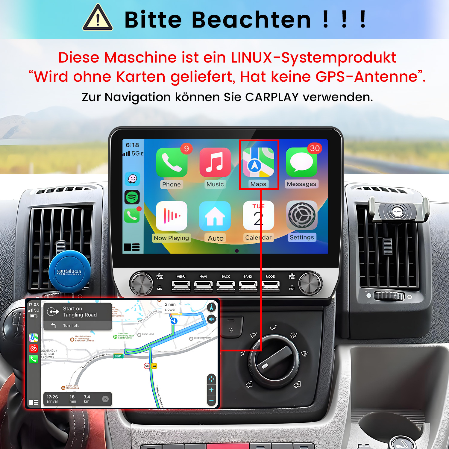 Linux-Autoradio mit CarPlay-Display und Navigation im Auto.