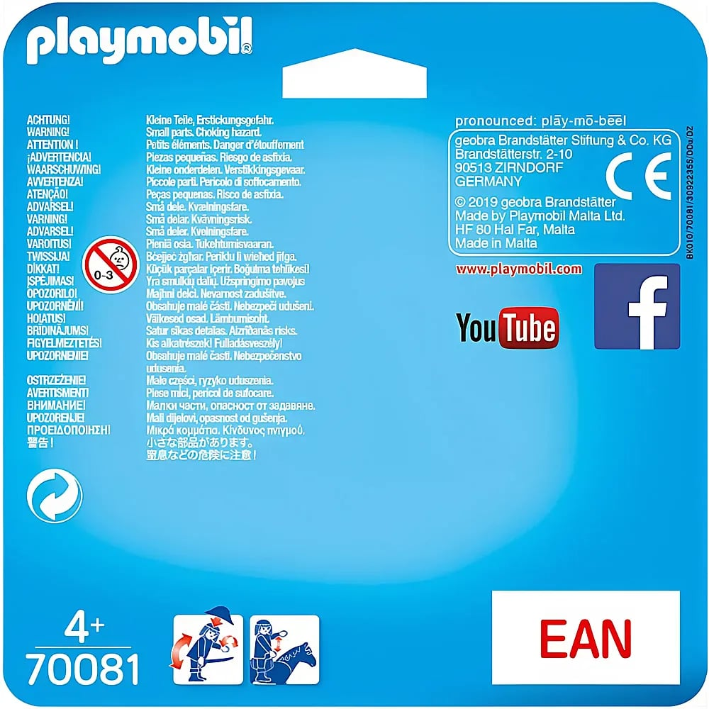 Rückseite einer Playmobil-Verpackung mit Sicherheitshinweisen in vielen Sprachen, CE-Zeichen und Herstellerinfos.
