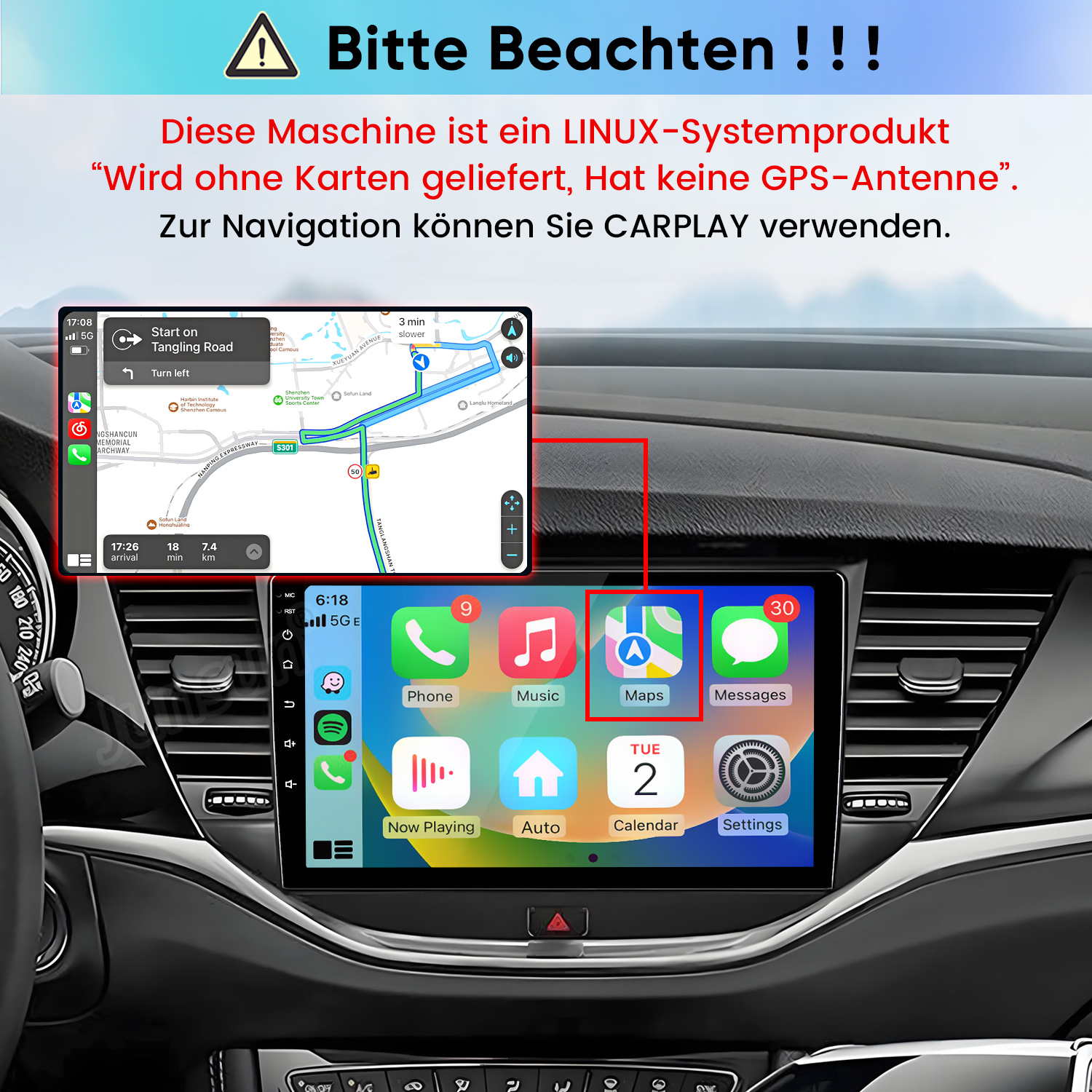 Autobildschirm zeigt CarPlay-Oberfläche und Kartennavigation auf einem Armaturenbrett.