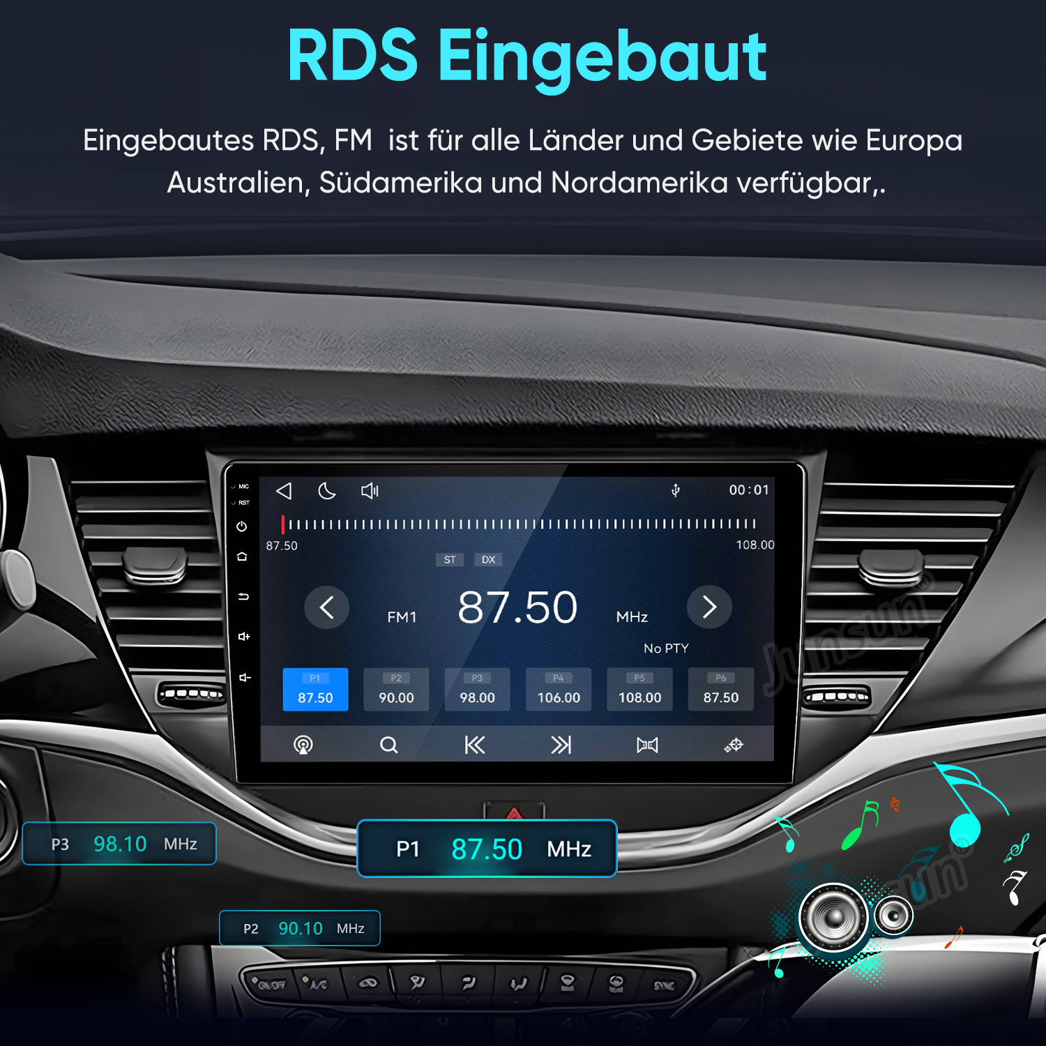 Ein Auto-Armaturenbrett mit integriertem RDS-Radiobildschirm, Frequenz 87,50 MHz und Bedientasten.