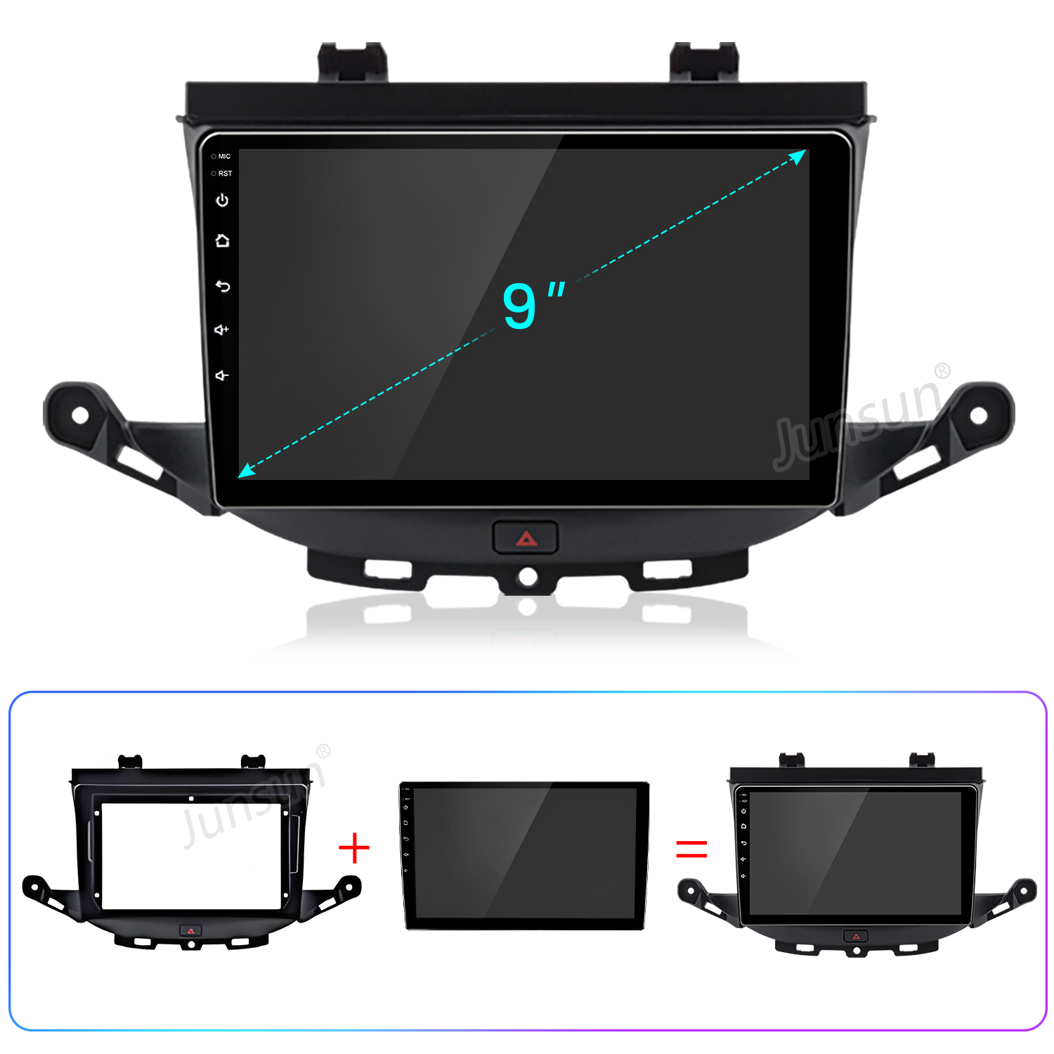 Ein 9-Zoll Auto-Multimediasystem mit Display und Rahmen, unten zeigt die Montage aus Rahmen und Bildschirm.