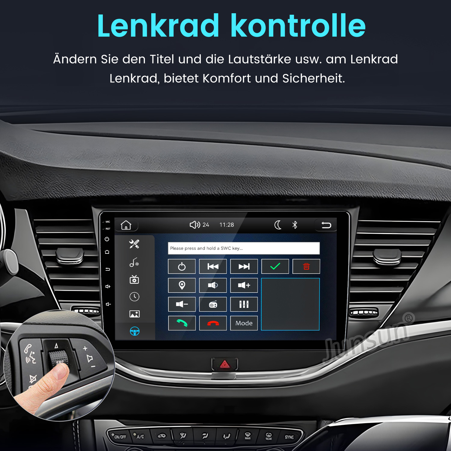 Ein Auto-Navigationsbildschirm zeigt Steuerungsoptionen, mit einem Inset, das Lenkradtasten zeigt.