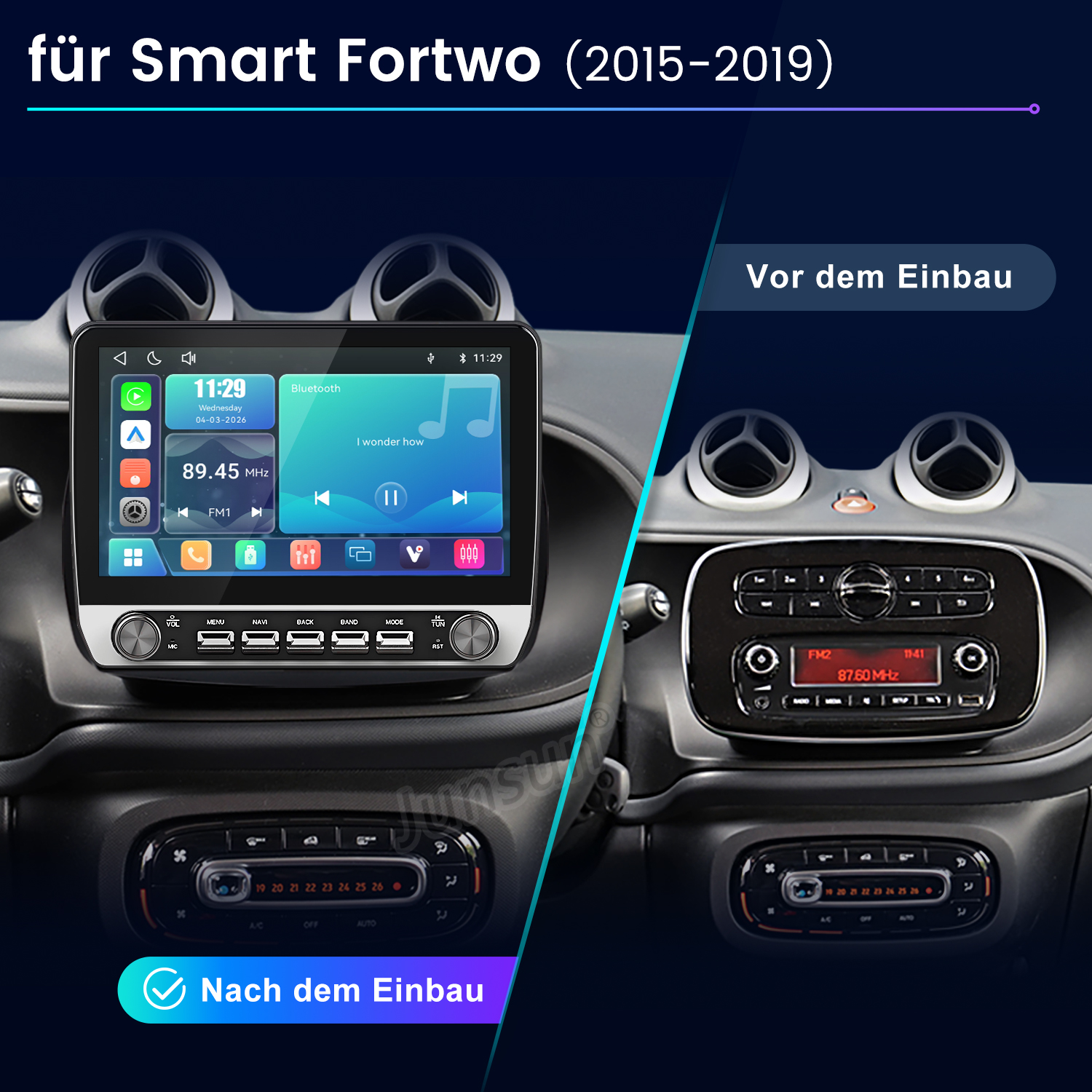 Vergleich von Smart Fortwo Armaturenbrett vor und nach dem Einbau eines neuen Infotainmentsystems.