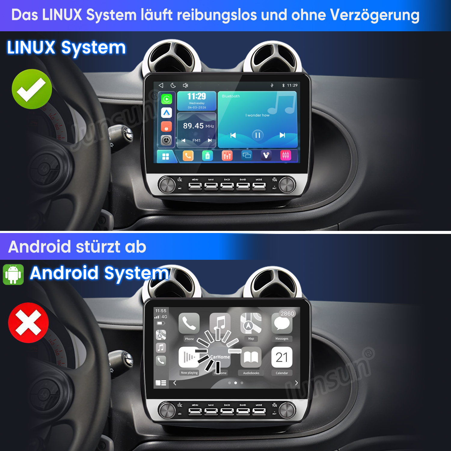 Vergleich von Auto-Multimediasystemen mit einer flüssigen Linux-Oberfläche und einer abstürzenden Android-Oberfläche.