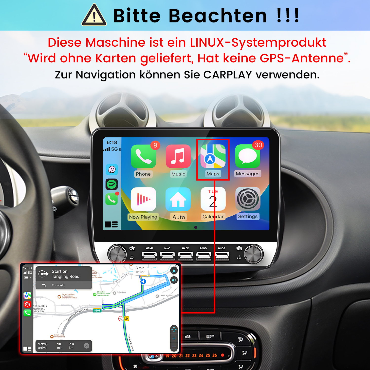 Autobamland mit Touchscreen und App-Symbolen sowie deutschem Text oben.