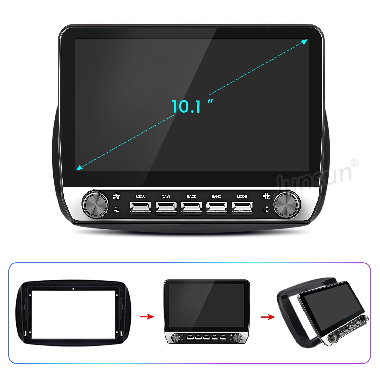 10,1-Zoll-Autoradio-Display mit Knöpfen, USB-Anschlüssen und Montageschrittdiagramm.