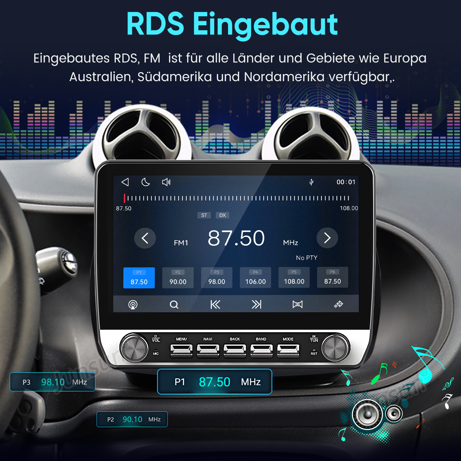 Autoradio mit integriertem RDS und FM-Tuner in einem Armaturenbrett.