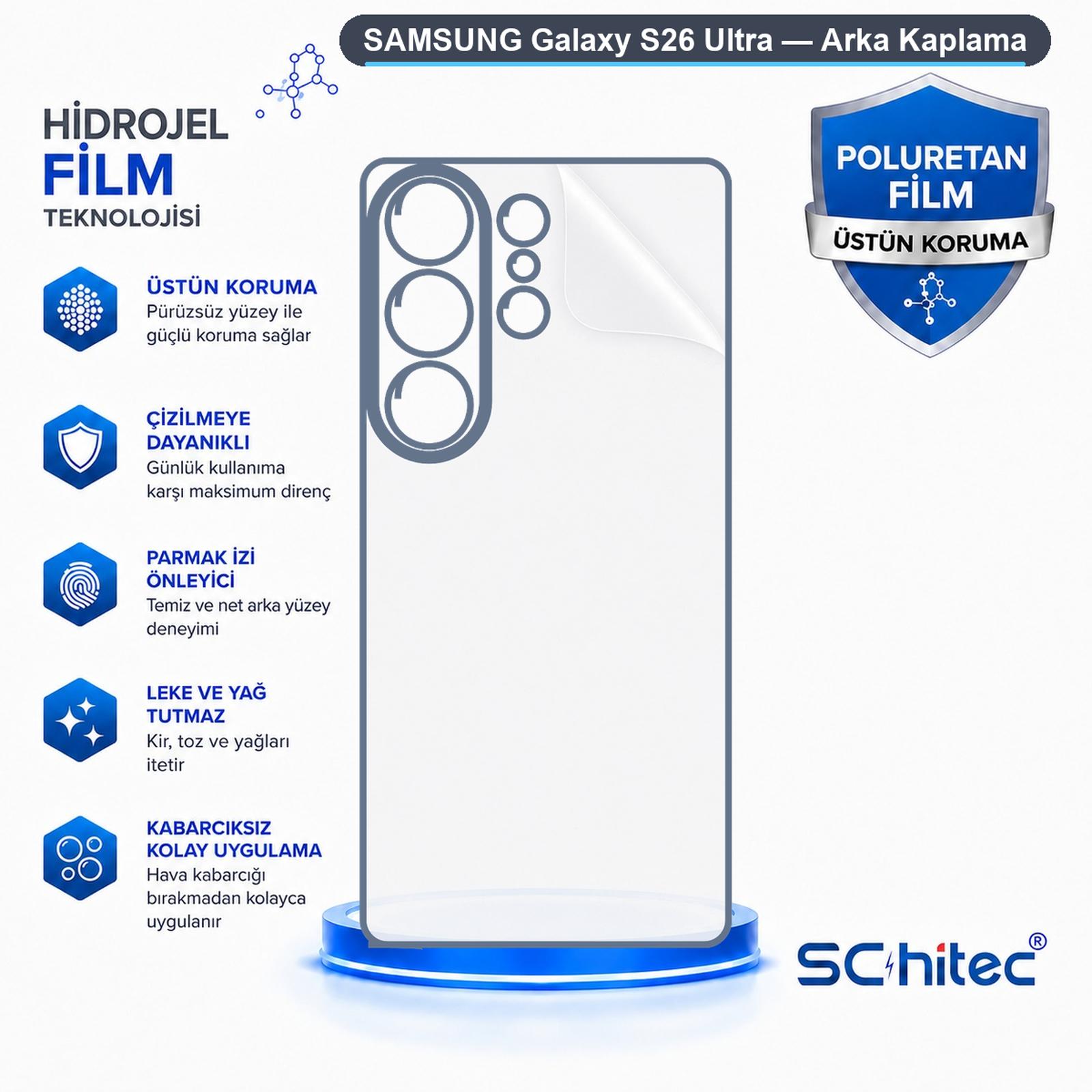 Samsung Galaxy S26 Ultra için hydrojel ve poliüretan arka kaplamayı özellikleriyle gösteren infografik.