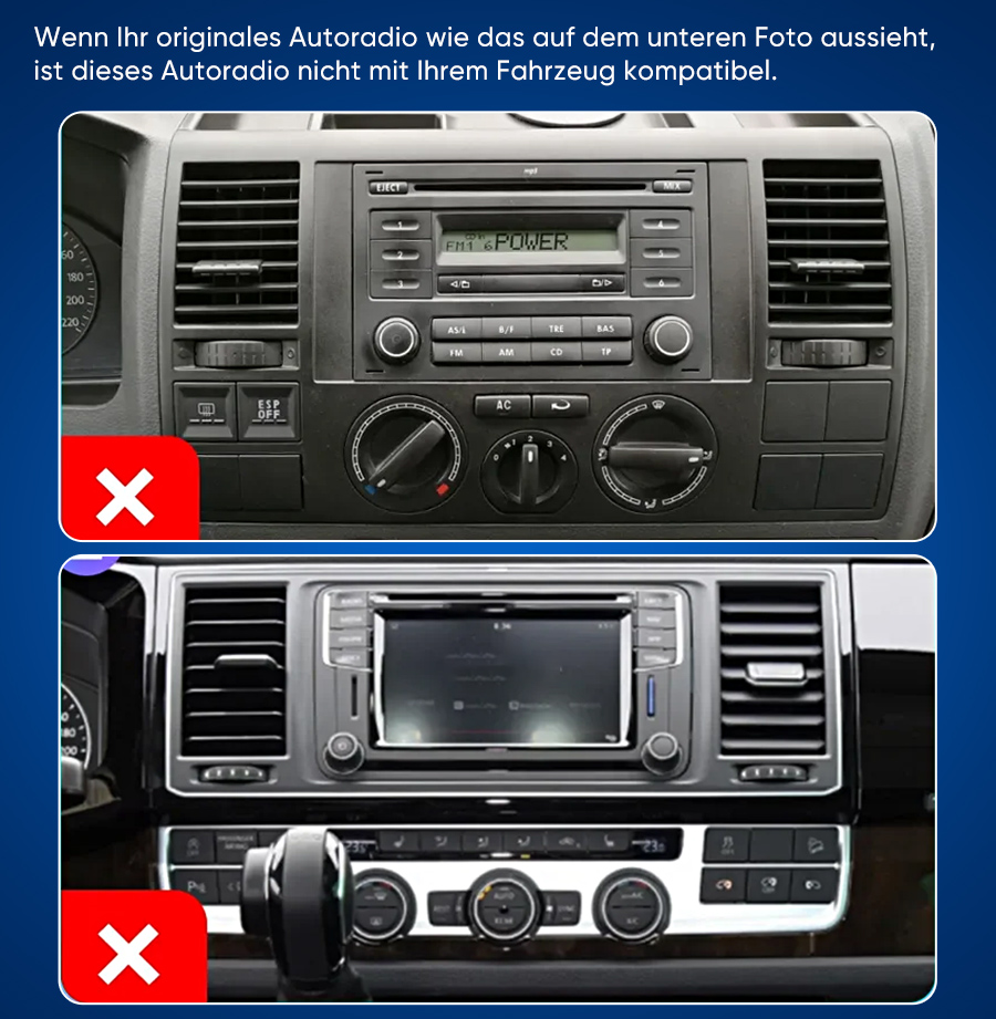 Zwei Autokonsolen mit Inkompatibilitätssymbolen, die verschiedene Radio- und Lüftungsdesigns zeigen.