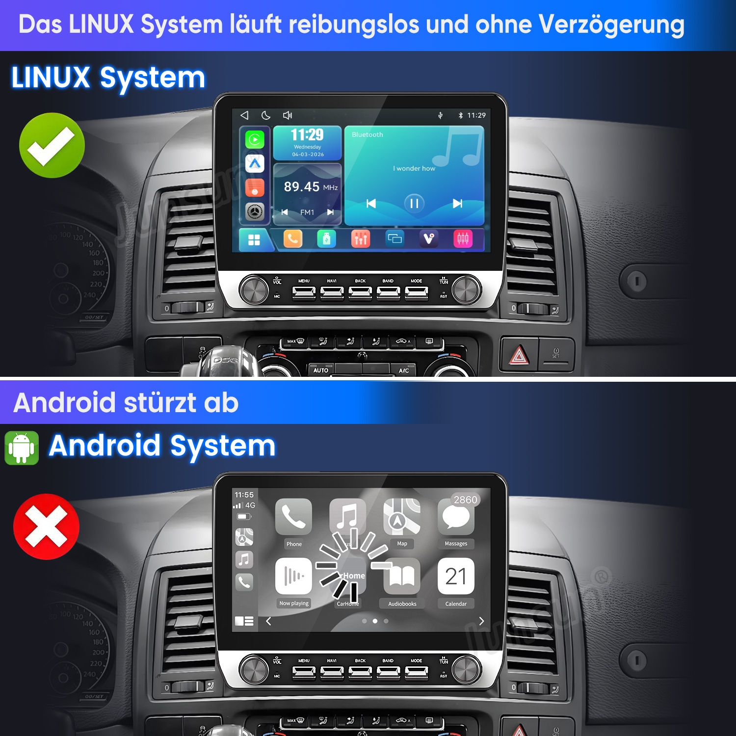 Vergleich zweier Autoradios: Ein Linux-System läuft reibungslos, während ein Android-System abstürzt.