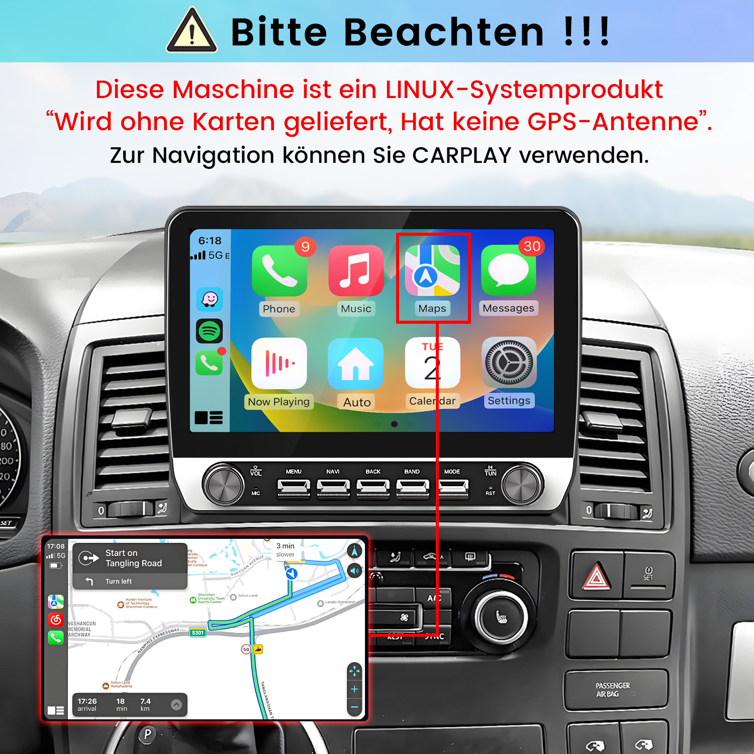 Linux-Autoradio mit CarPlay-Navigation und App-Icons auf dem Display in einem Fahrzeug.
