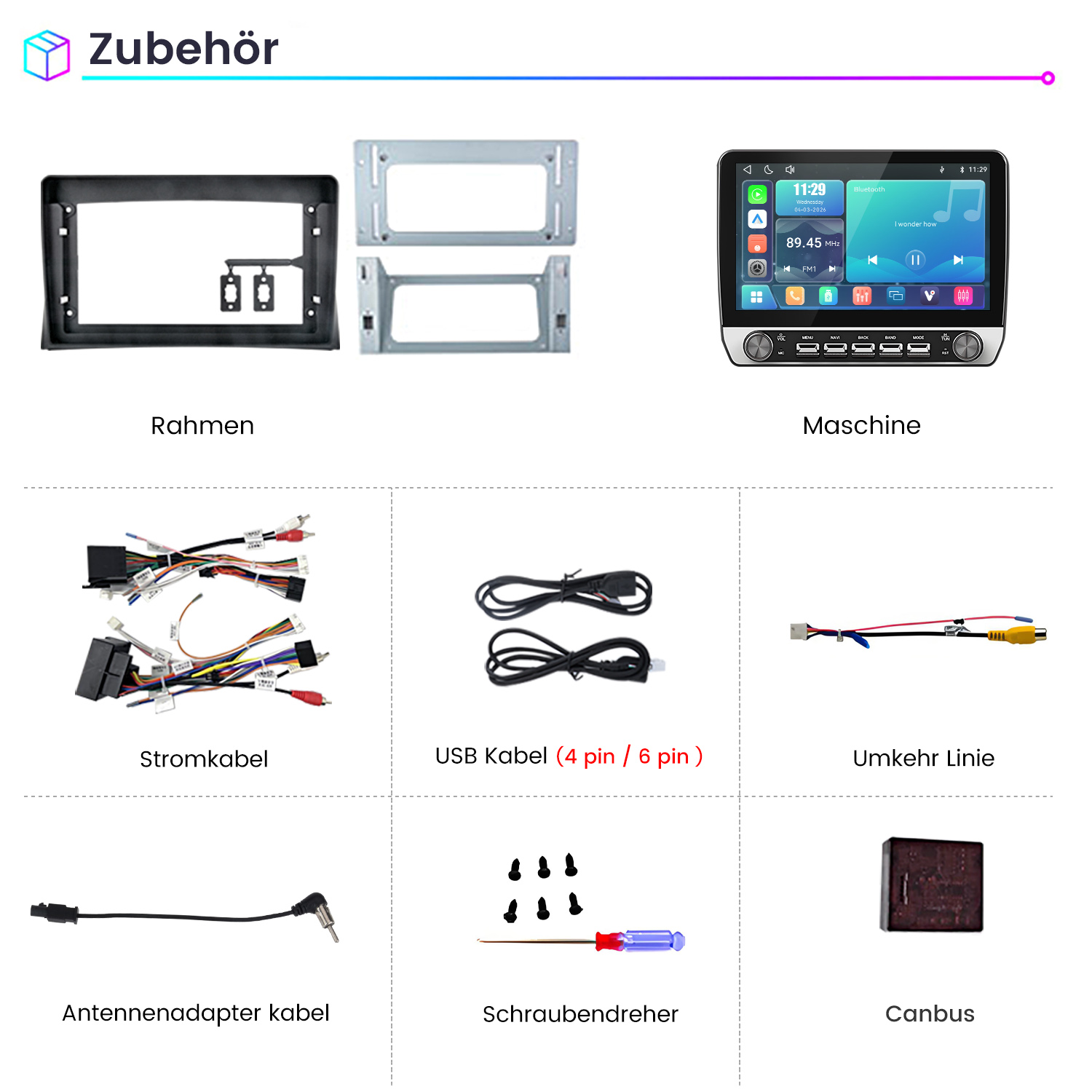 Verschiedenes Zubehör für Auto-Multimedia-Systeme wie Rahmen, Kabel, Schraubendreher und Canbus auf weißem Hintergrund.