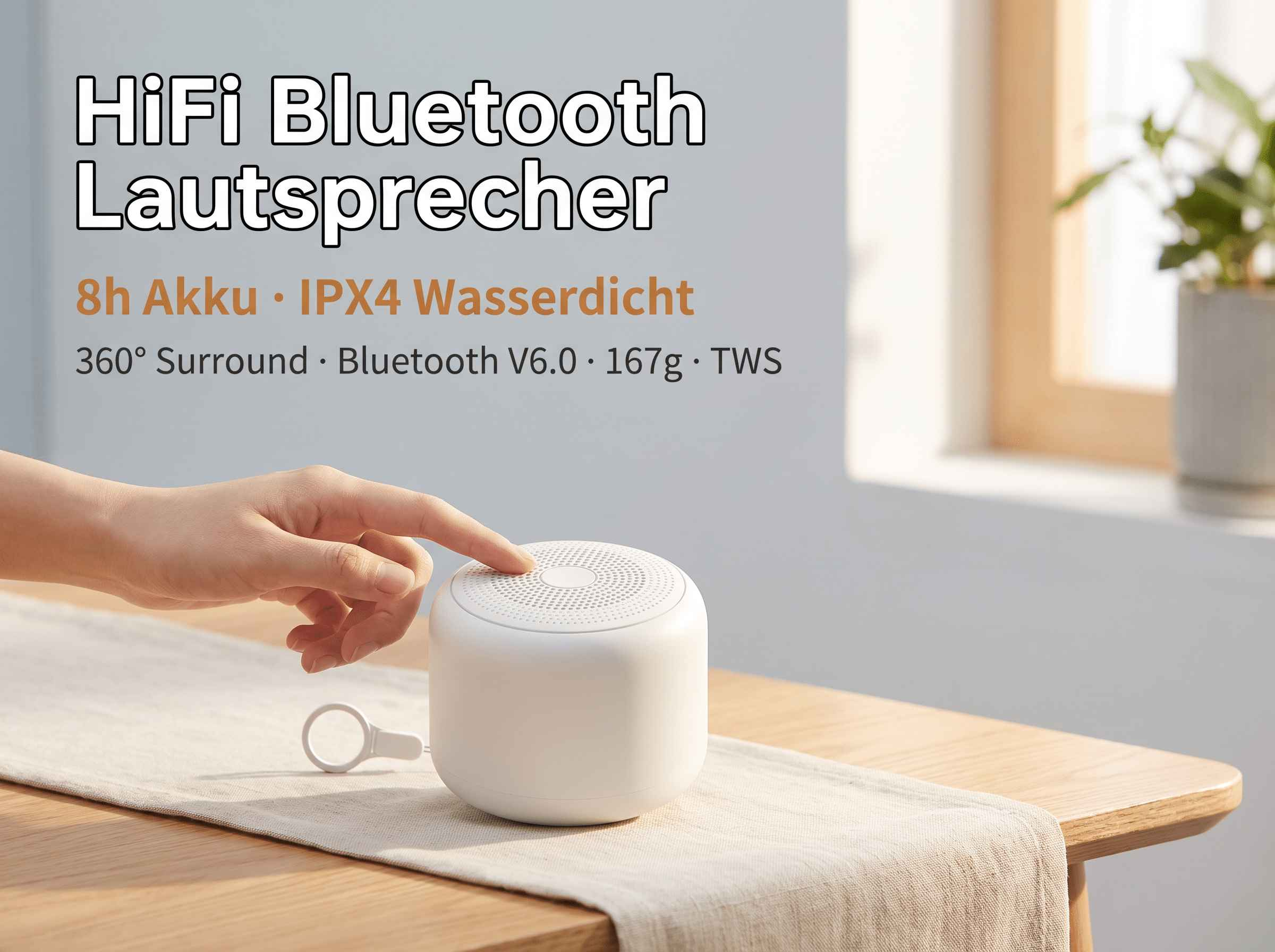Hand drückt auf einen kleinen weißen Bluetooth-Lautsprecher auf einem Holztisch mit Text.