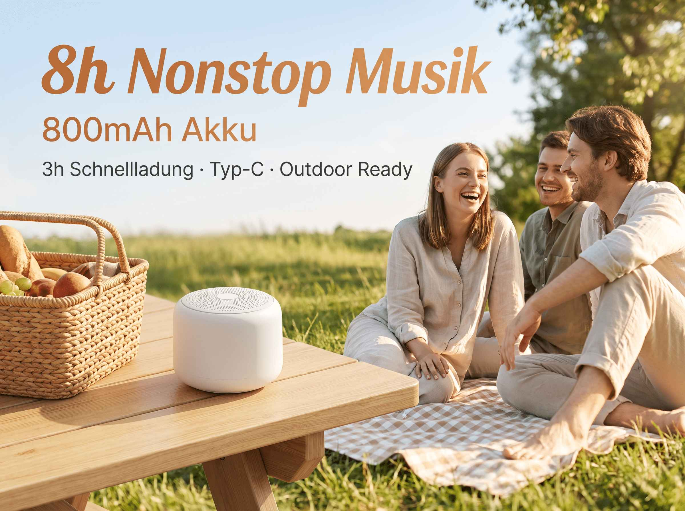 Drei Freunde lachen im Freien an einem Holztisch mit Picknickkorb und weißem Lautsprecher.