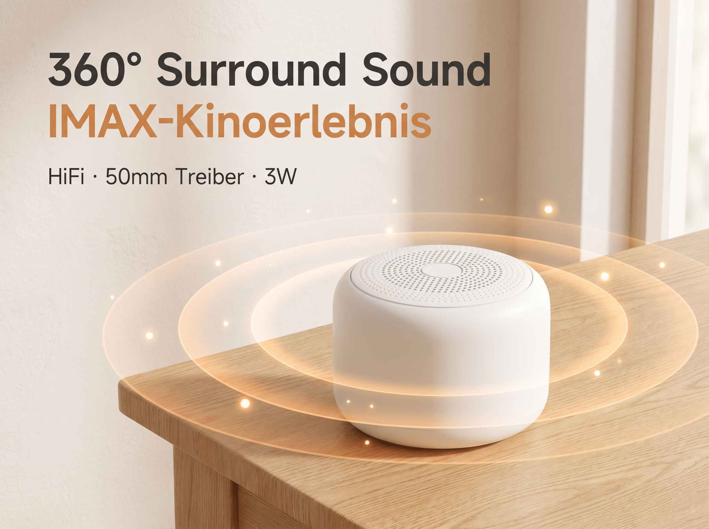 Ein weißer, runder Lautsprecher steht auf einem Holztisch, umgeben von kreisförmigen Lichtwellen.