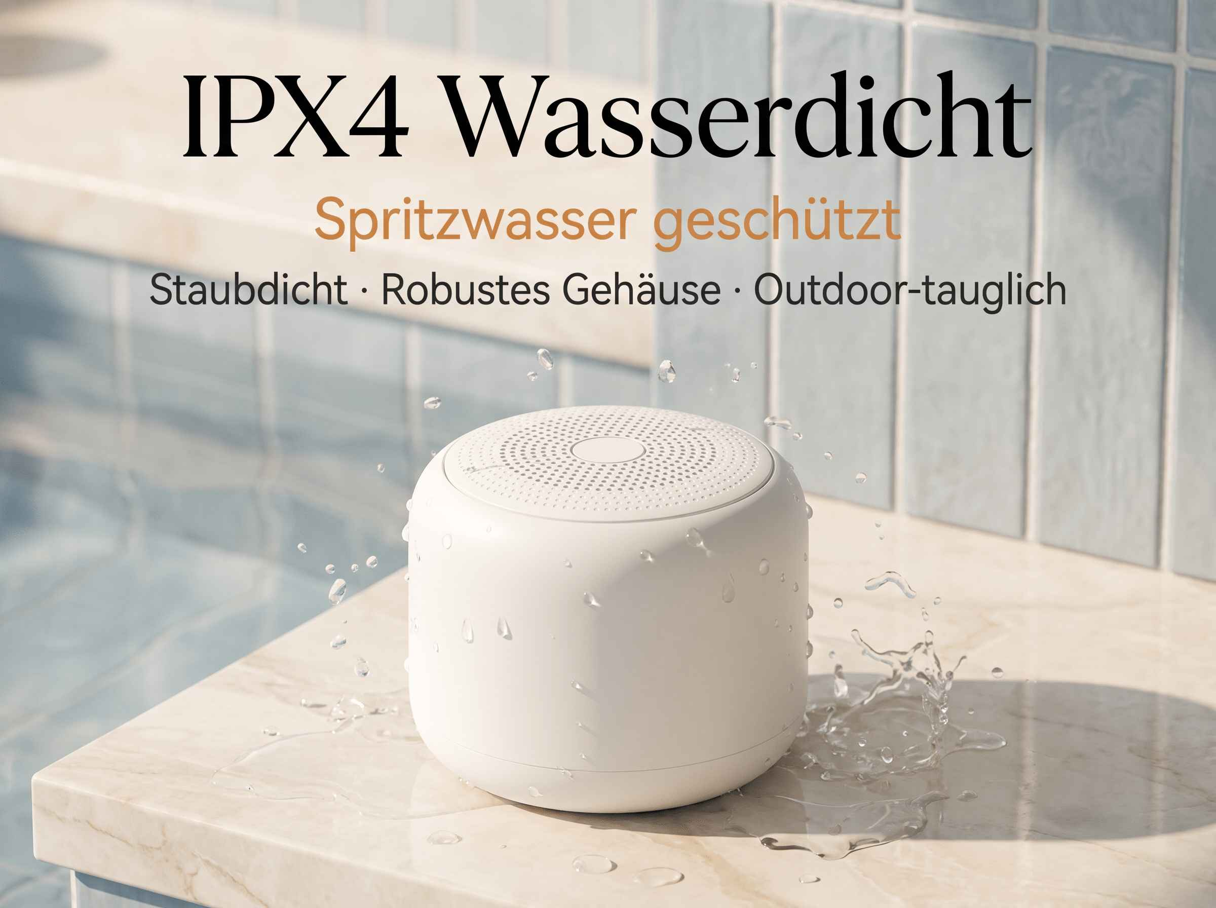 Ein weißer wasserdichter Lautsprecher am Pool mit Wassertropfen und deutschem Text darüber.