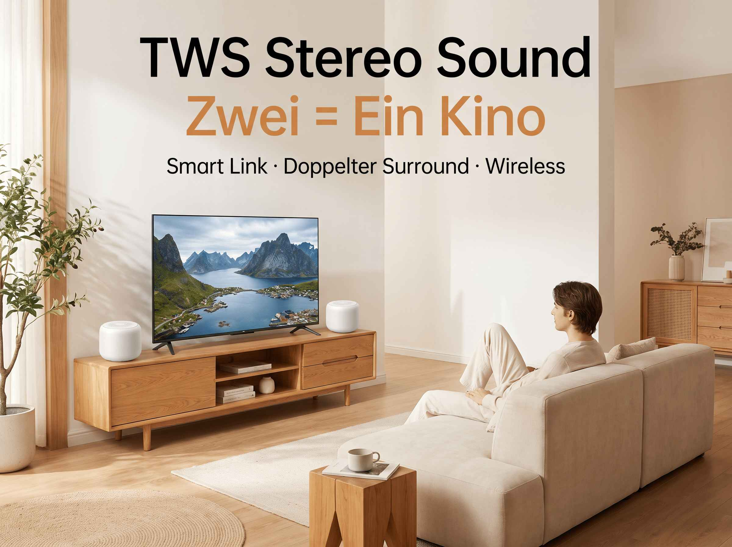 Ein Mann sitzt auf einem Sofa vor einem Fernseher auf einem Holzschrank mit zwei weißen Lautsprechern.