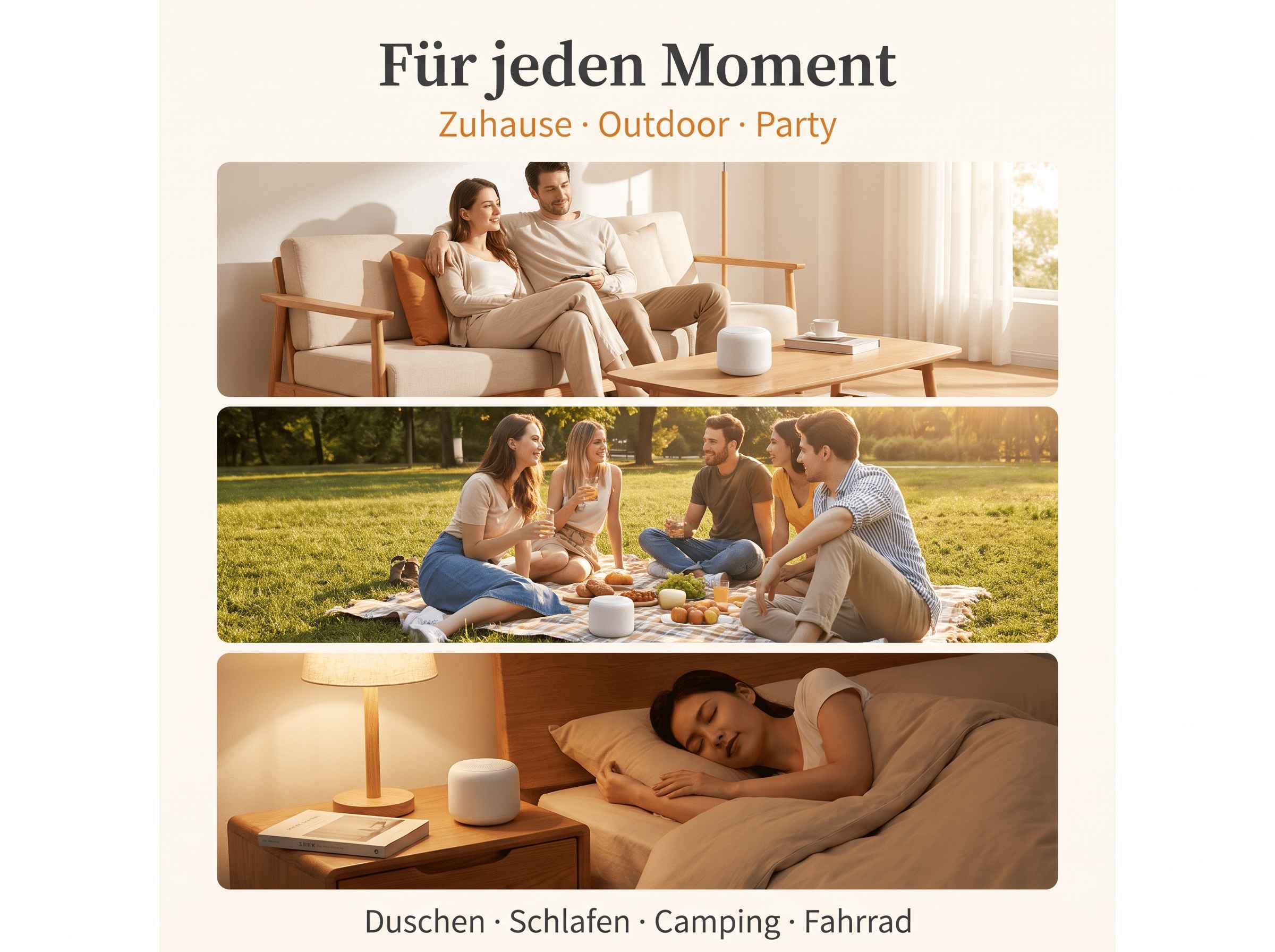 Drei Bilder zeigen Menschen zu Hause auf dem Sofa, beim Picknick im Park und eine schlafende Person im Bett.