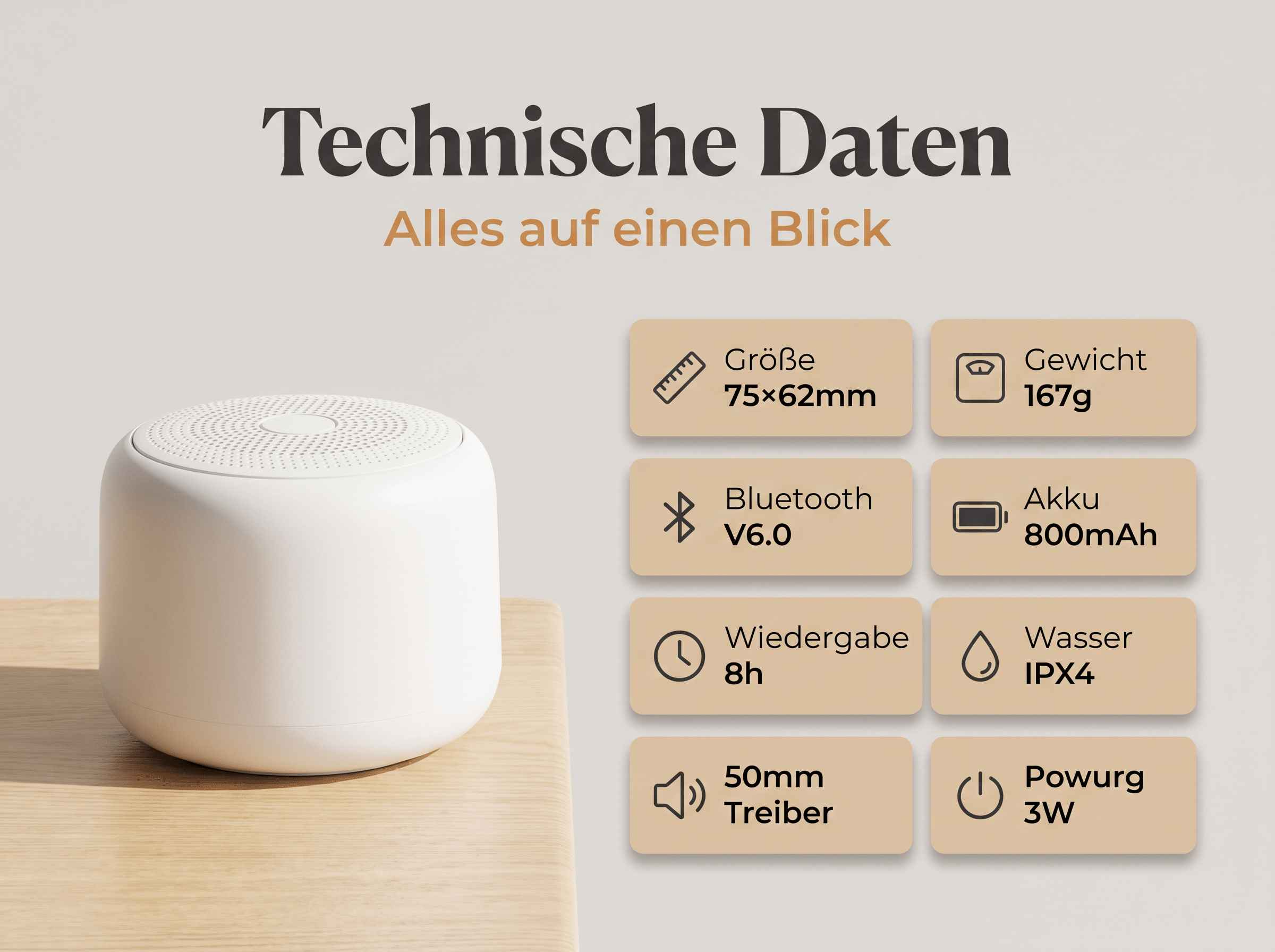 Technische Daten eines weißen Mini-Lautsprechers mit Symbolen für Größe, Gewicht, Bluetooth und Akku.