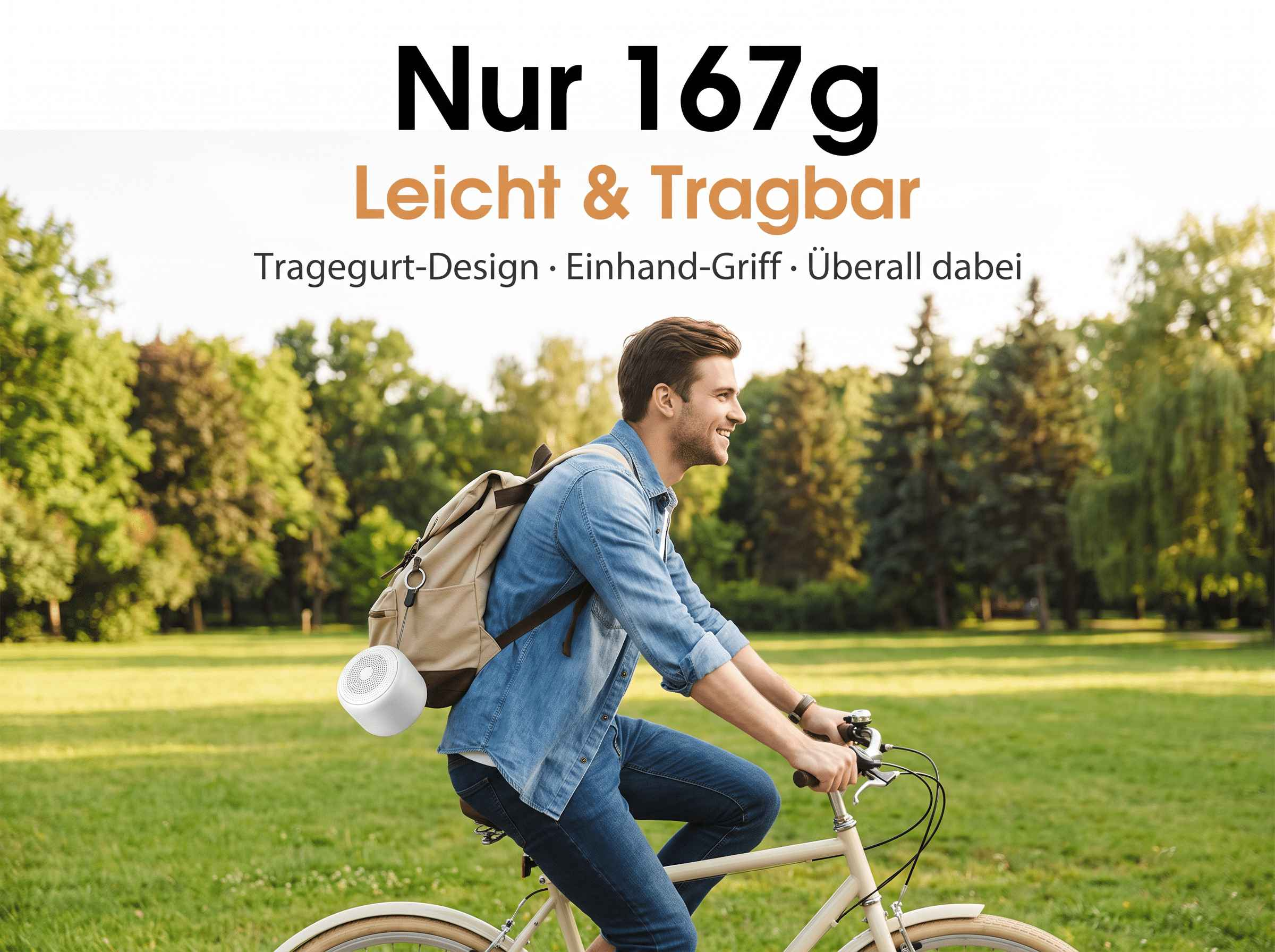 Ein Mann mit Rucksack fährt Fahrrad durch einen Park, überlagert mit deutschem Text.