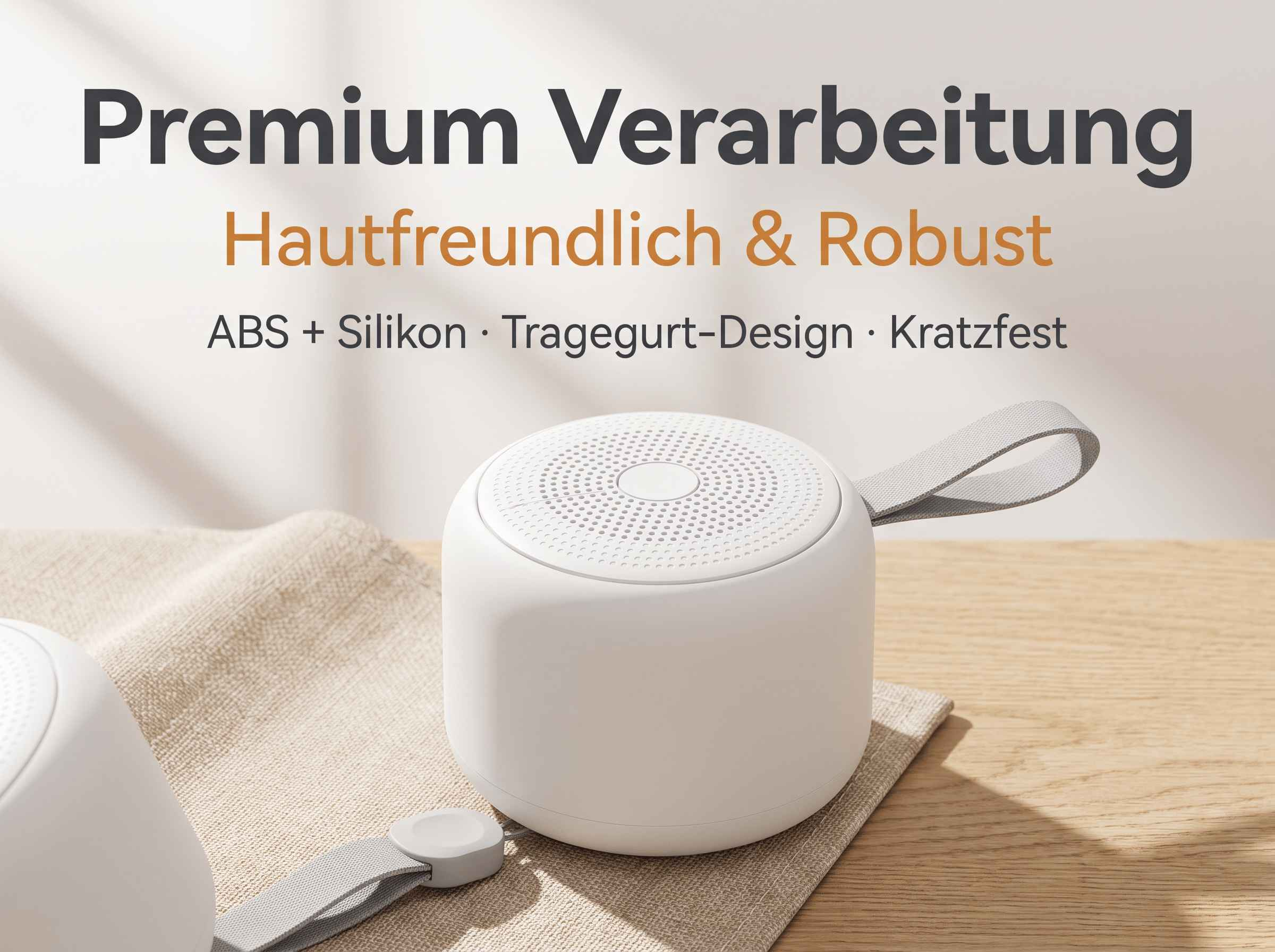Ein weißer, runder Lautsprecher mit Trageschlaufe auf einem beigen Tuch mit deutschem Werbetext.