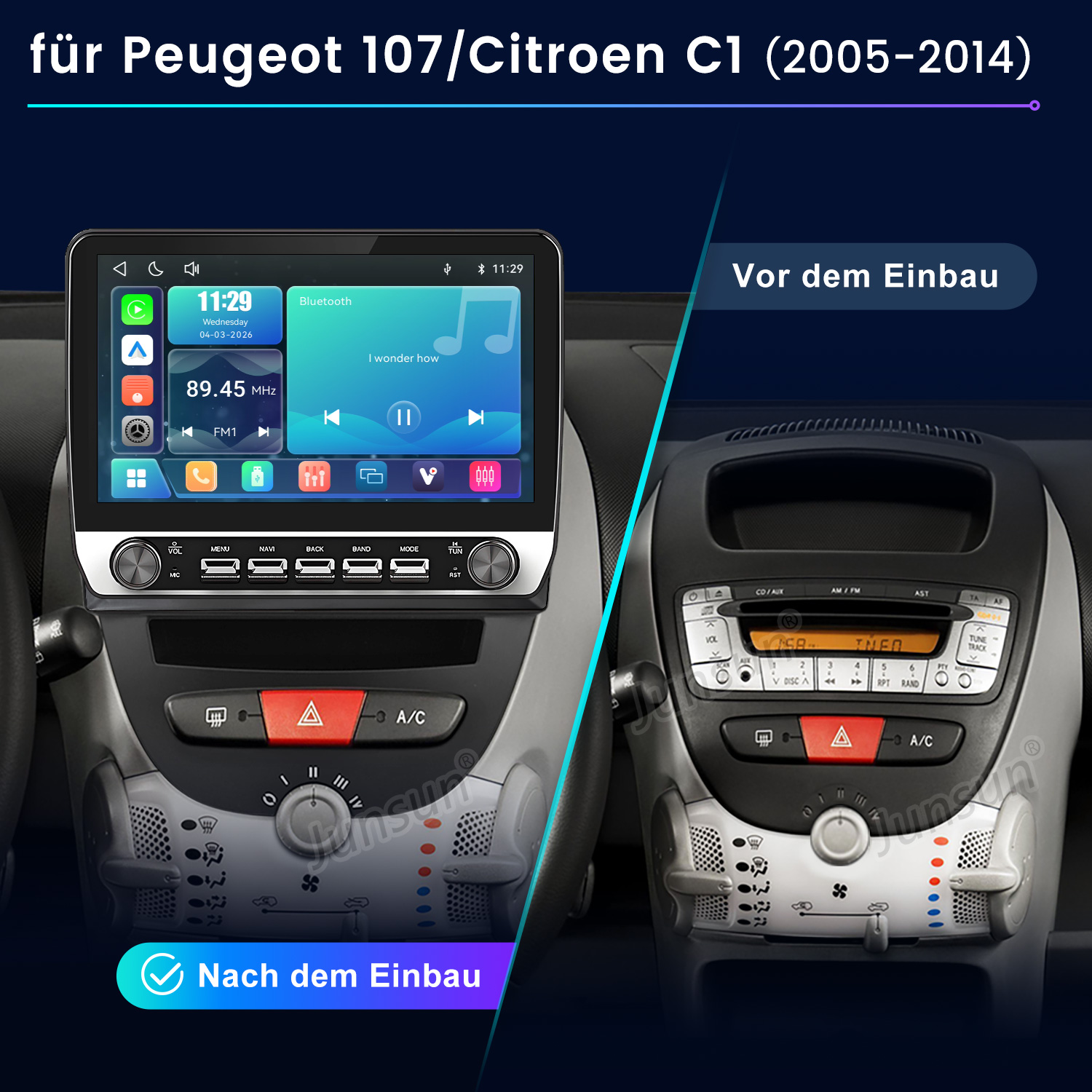 Vergleich des Armaturenbretts vor und nach dem Einbau eines modernen Touchscreen-Infotainmentsystems.