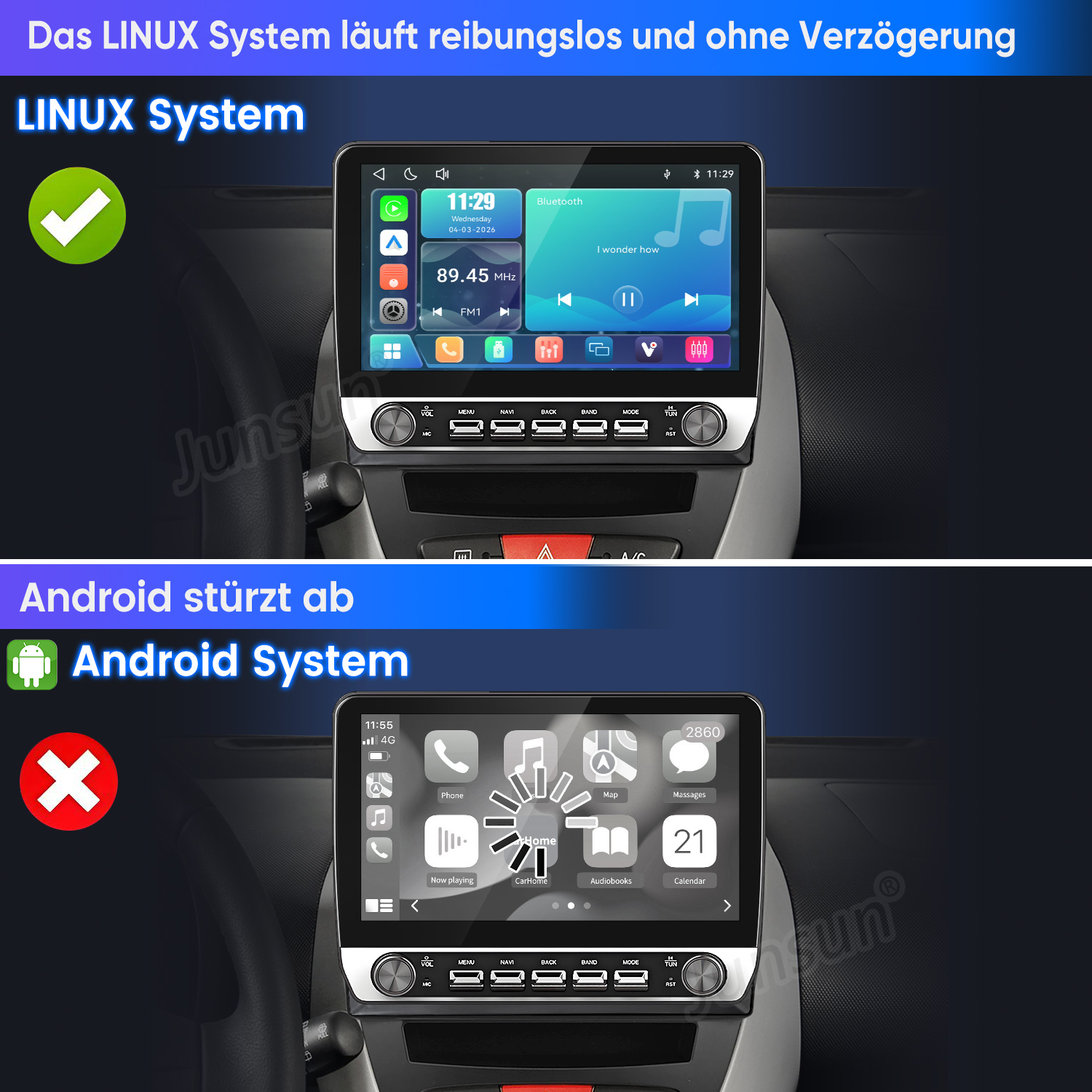 Vergleich zweier Autoradios: Ein Linux-System läuft reibungslos, während ein Android-System mit einem Ladekreis abstürzt.