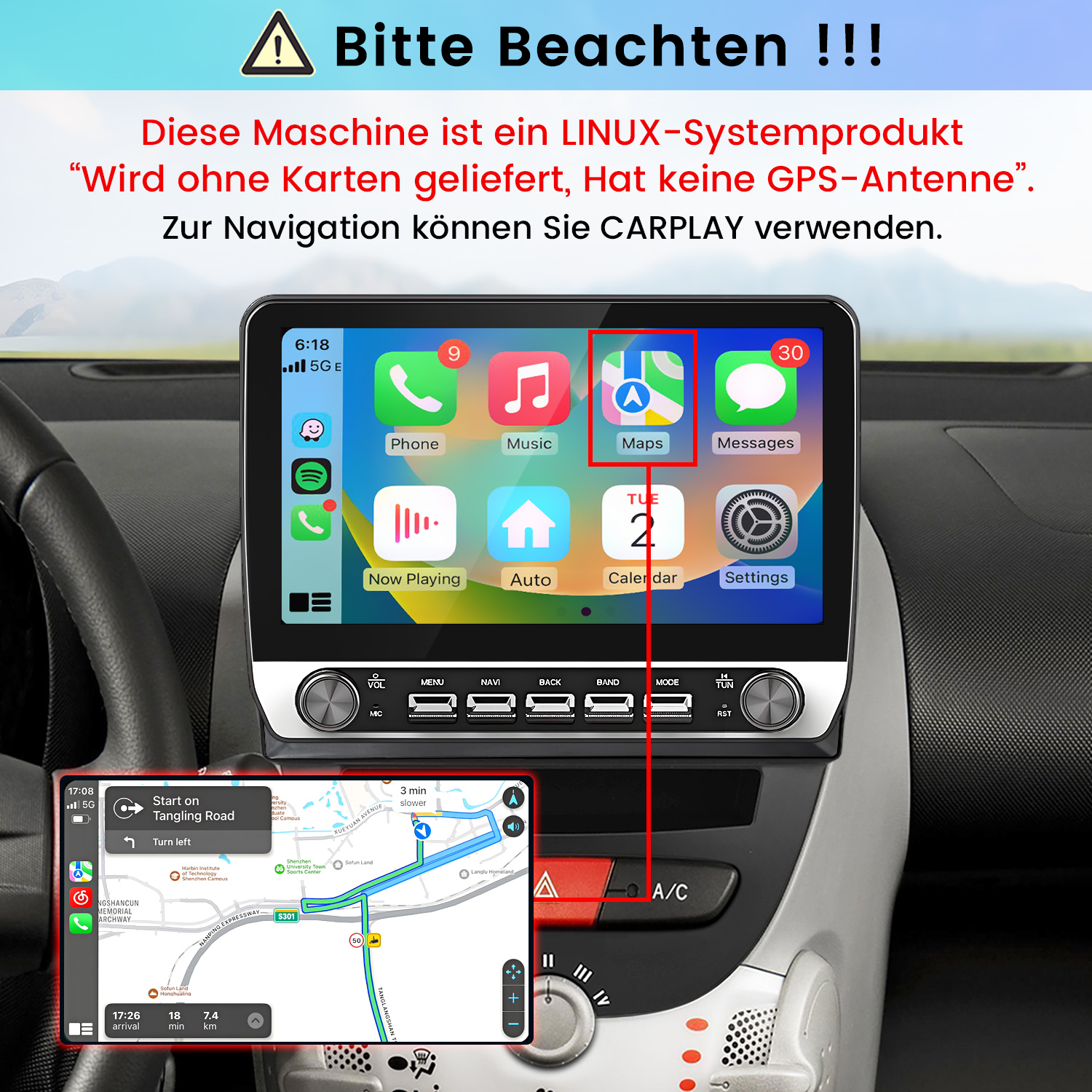 Ein Carplay-Bildschirm in einem Auto zeigt das Betriebssystem, die Navigation und deutsche Warntexte.