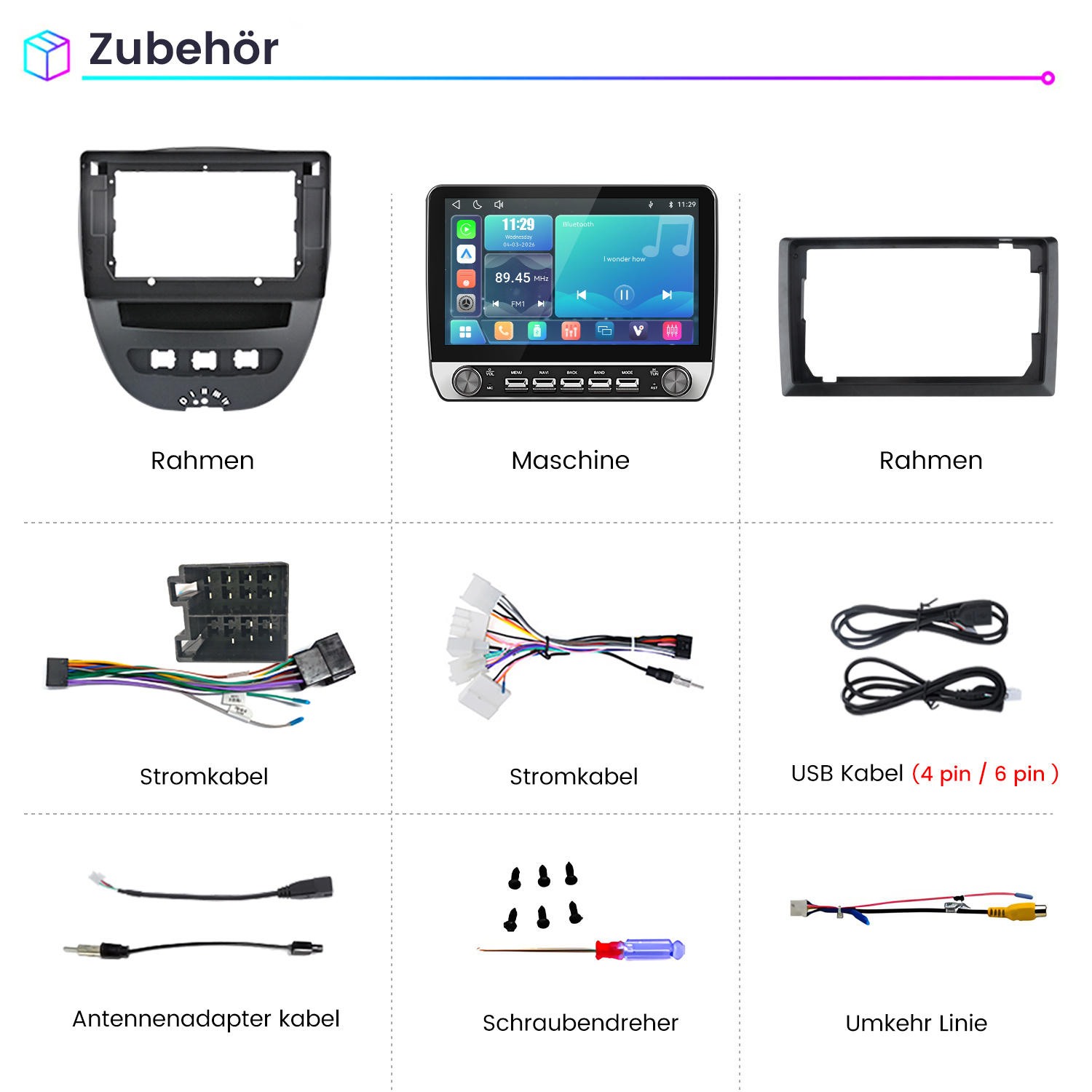 Verschiedenes Autozubehör wie Radio, Rahmen, Kabel, Schraubendreher und Adapter auf weißem Hintergrund.