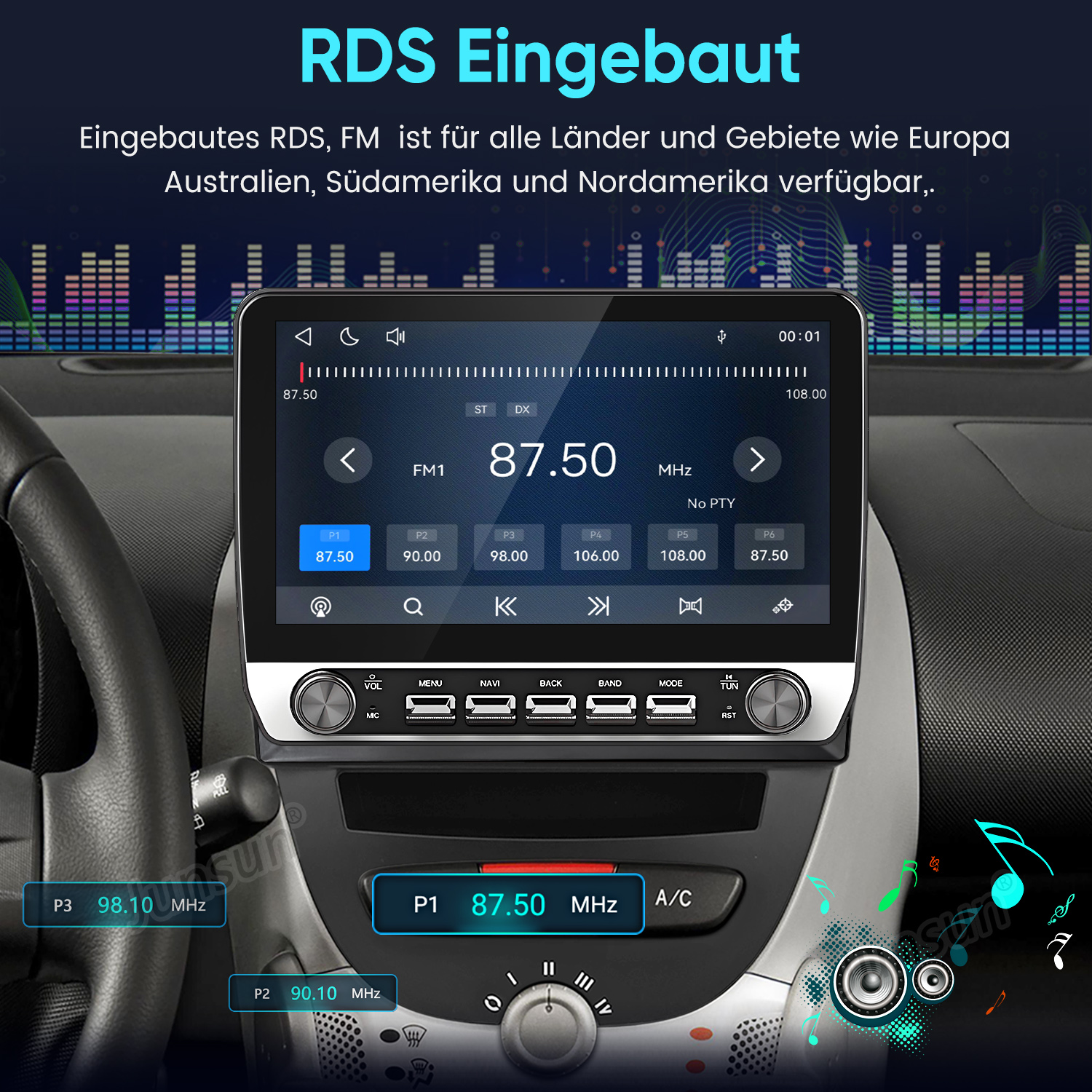 Ein Car-Radio mit Touchscreen und FM-RDS-Anzeige im Armaturenbrett.