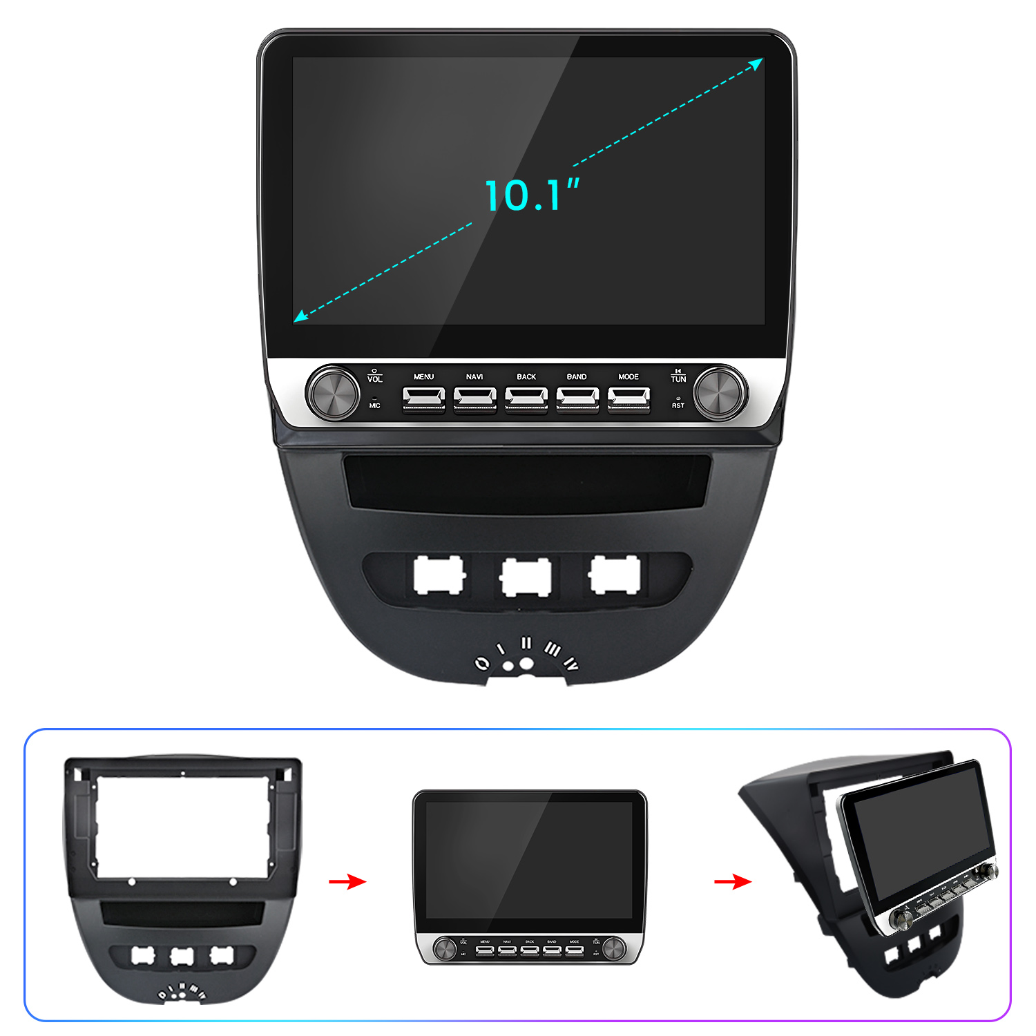 10,1-Zoll-Autoradio-Bildschirm mit Knöpfen und USB-Anschlüssen, Montageinweisungen im Bild unten.