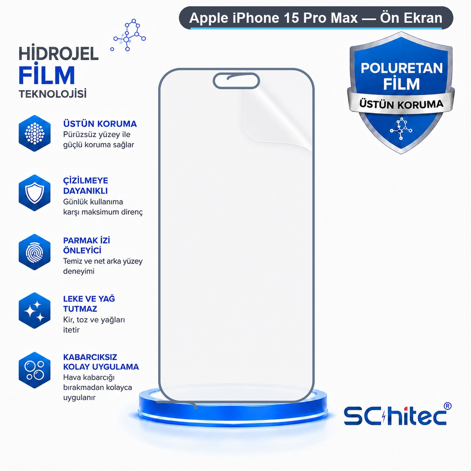 Çizilmeye dayanıklı ve kabarcıksız kolay uygulama özellikli iPhone 15 Pro Max ekran koruyucu.