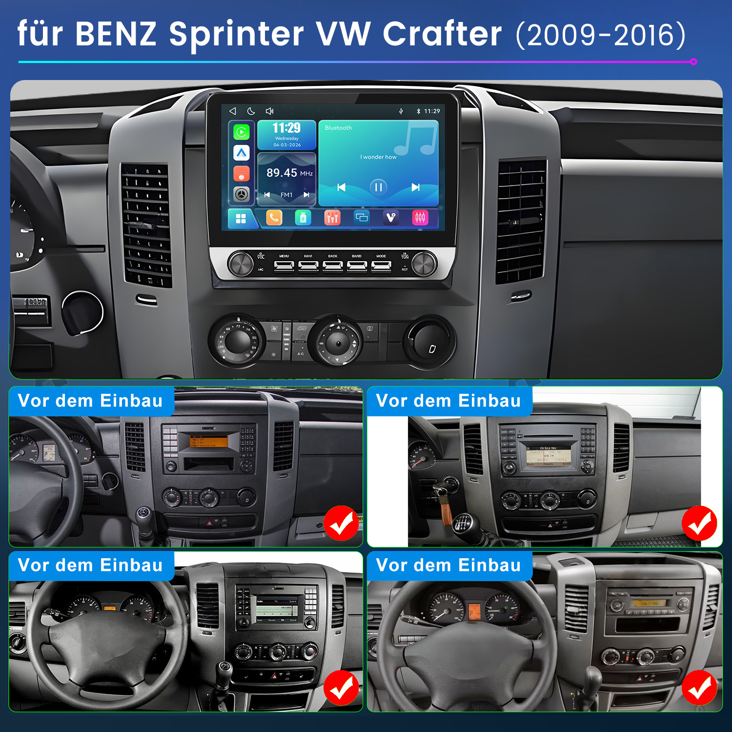 Armaturenbrett eines Mercedes Sprinter mit modernem Touchscreen-Radio und vier vorherigen Varianten darunter.
