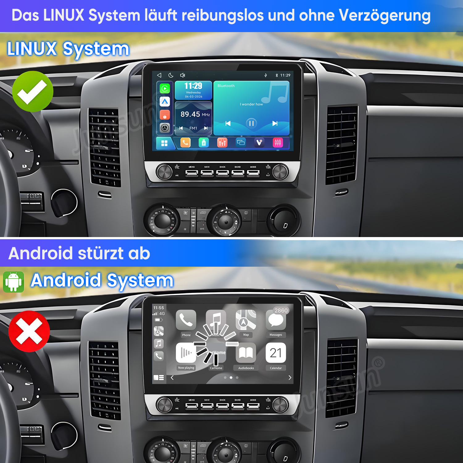 Vergleich zweier Auto-Navigationssysteme: Linux läuft reibungslos, während Android abstürzt und lädt.