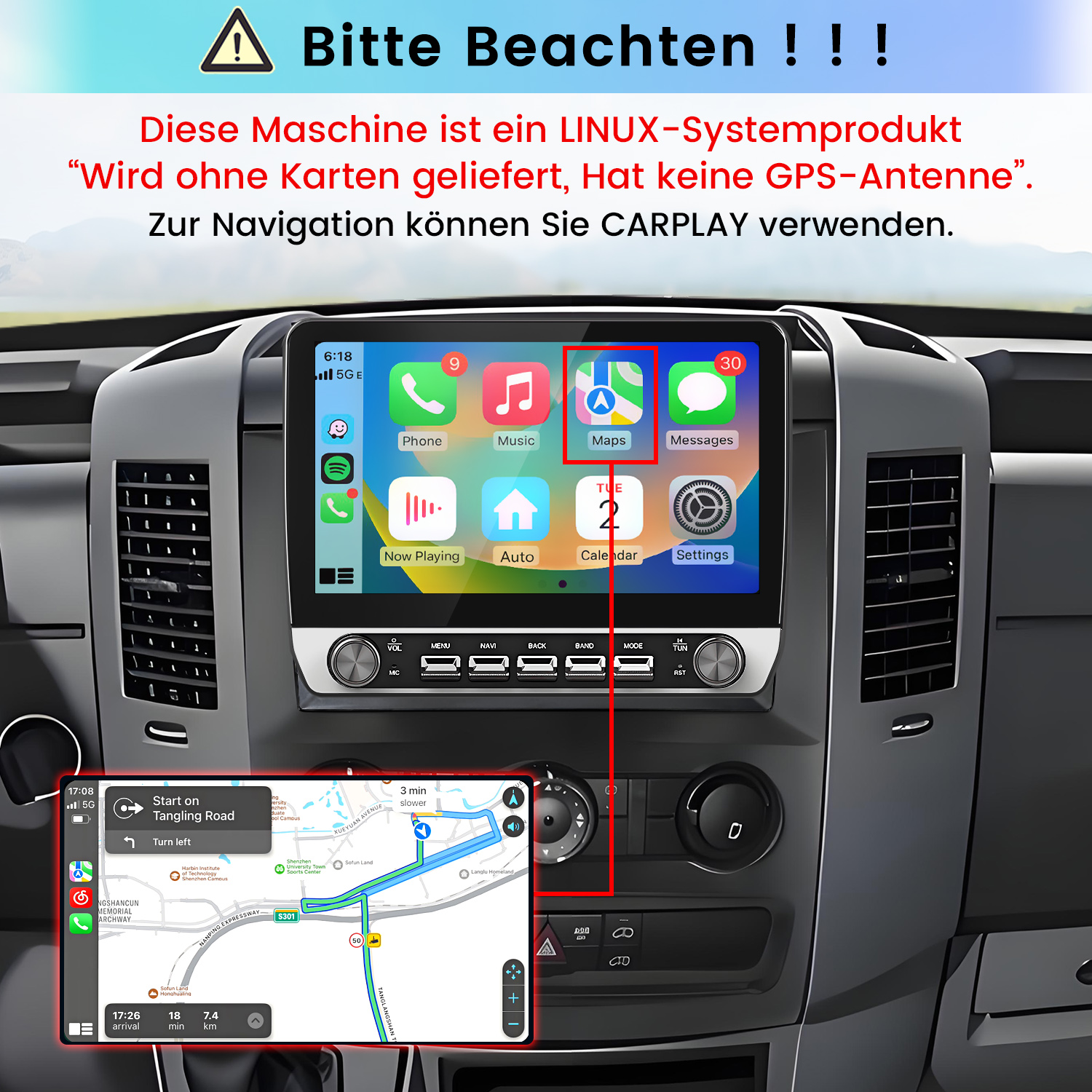 Ein Carplay-Display in einem Auto mit geöffneter Karten-App und deutschen Warntexten oben.