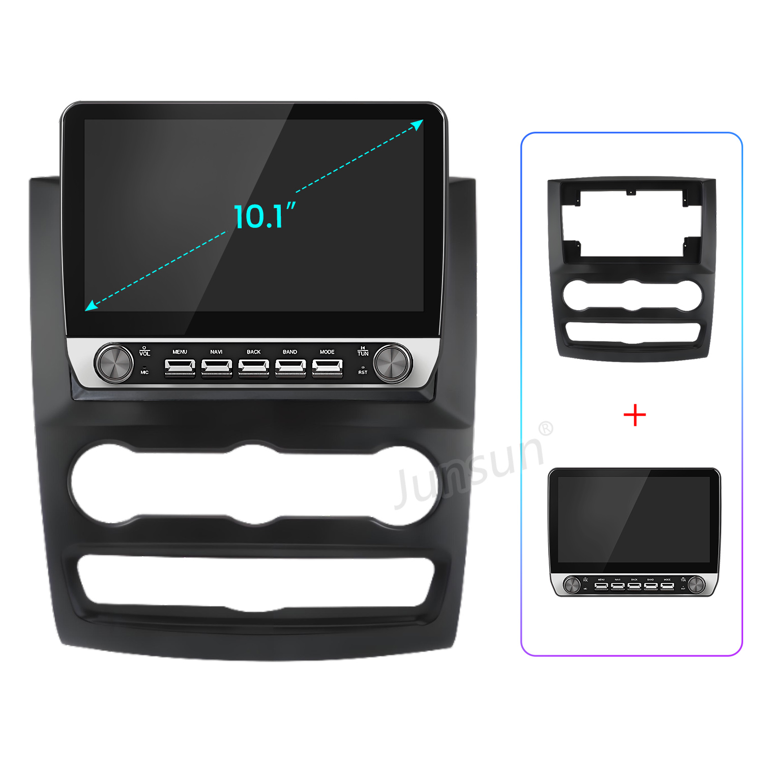 10.1 Zoll Autoradio-Display mit schwarzem Armaturenbrettrahmen und USB-Anschlüssen.