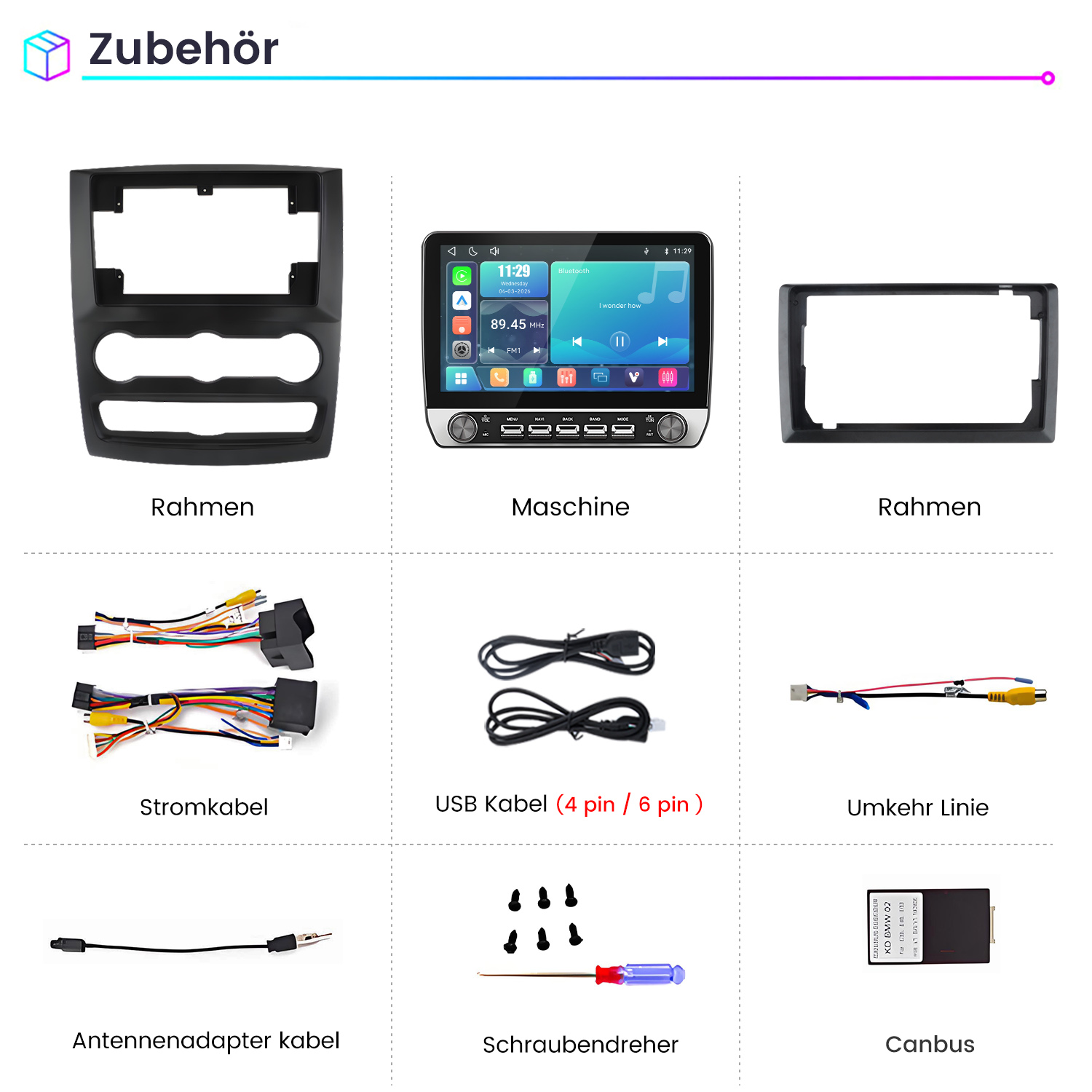 Auto-Audio-Zubehör wie Rahmen, Bildschirm, Stromkabel, USB-Kabel, Rückfahrkabel, Antennenkabel, Schrauben und Canbus.