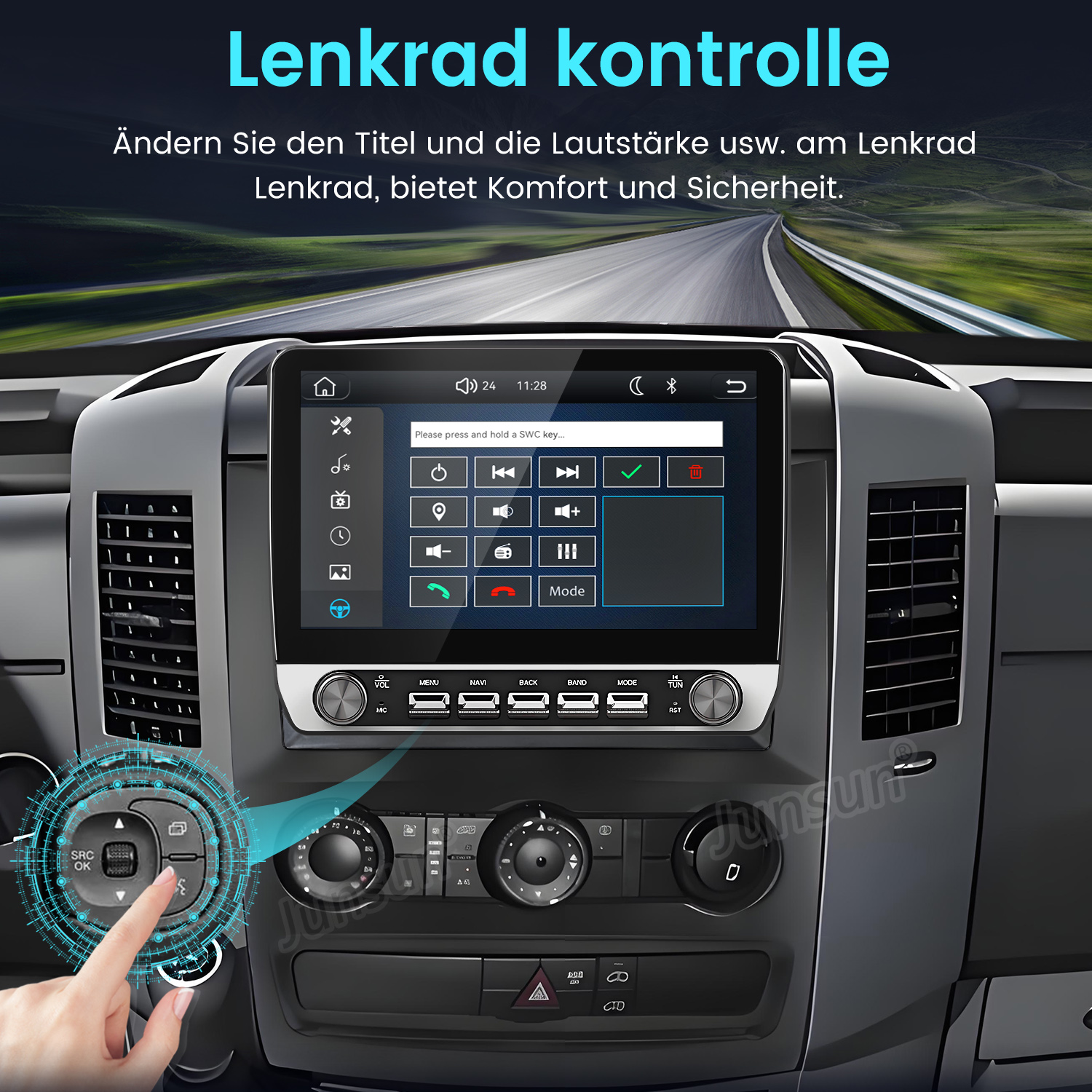 Autodashboard mit Touchscreen-Infotainment-System und Lenkradfernbedienung.