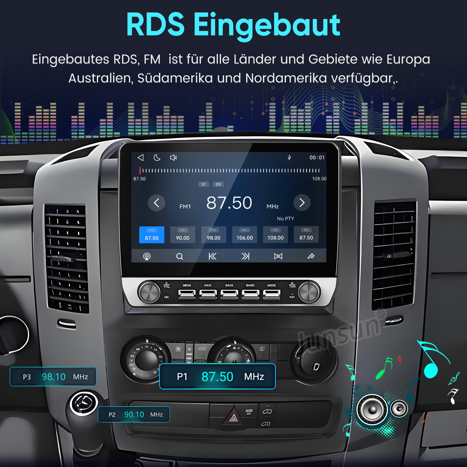 Ein Car-Radio-Bildschirm zeigt FM 87,50 MHz mit integriertem RDS und Bedienelementen im Armaturenbrett.