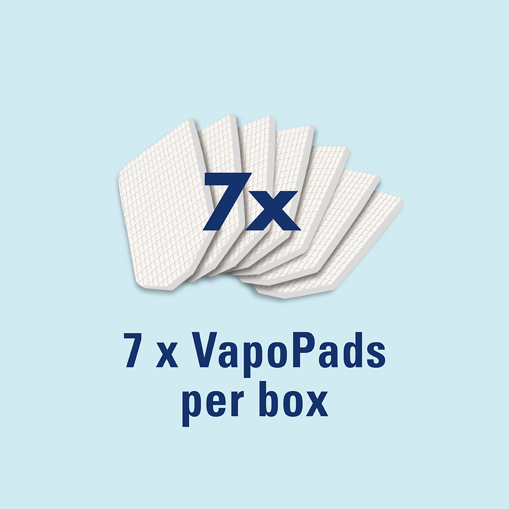 Açık mavi arka planda, üzerinde 7 x VapoPads yazan yedi beyaz dokulu VapoPads.