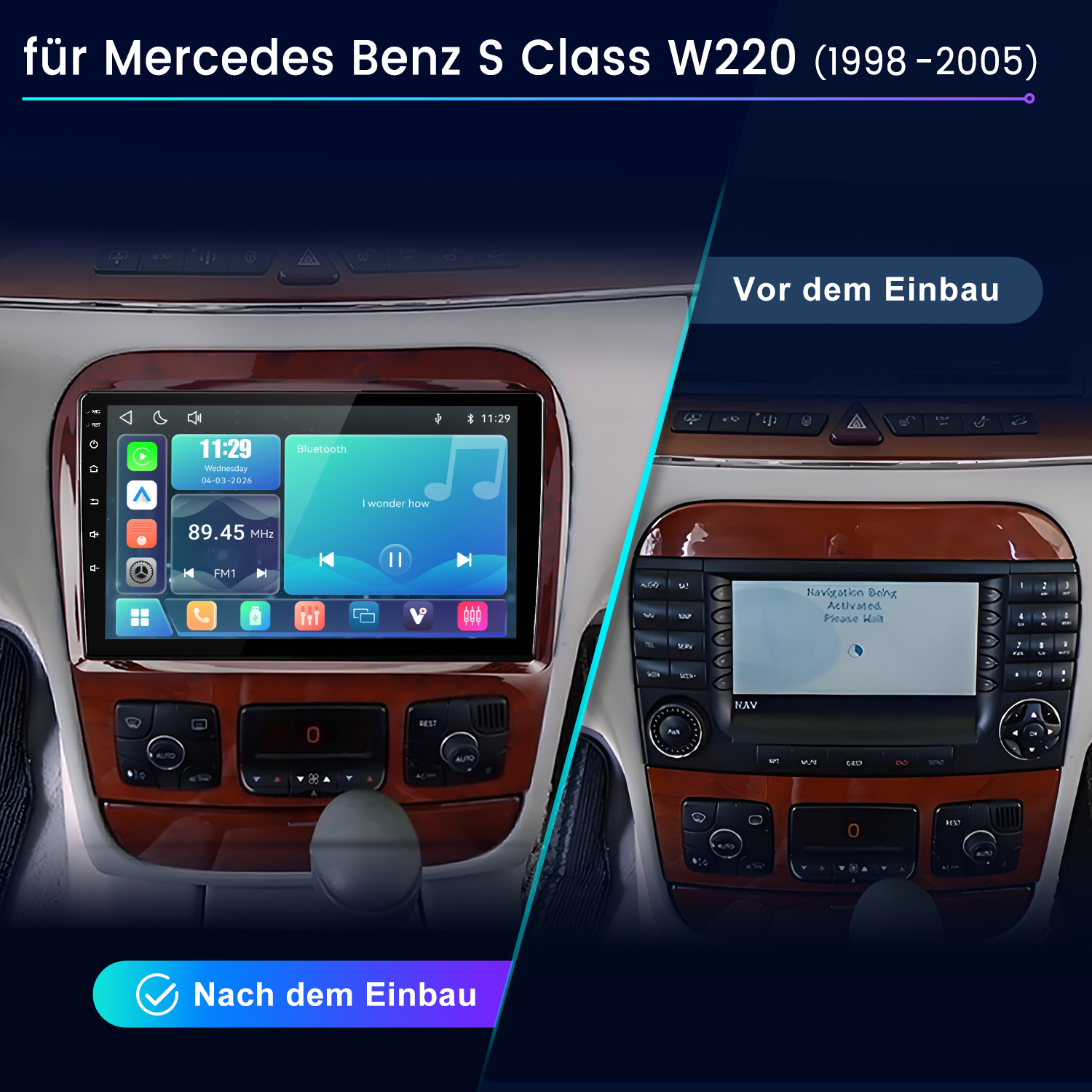 Vergleich Auto-Armaturenbrett vor und nach Einbau eines neuen Navigationssystems in Mercedes Benz W220.