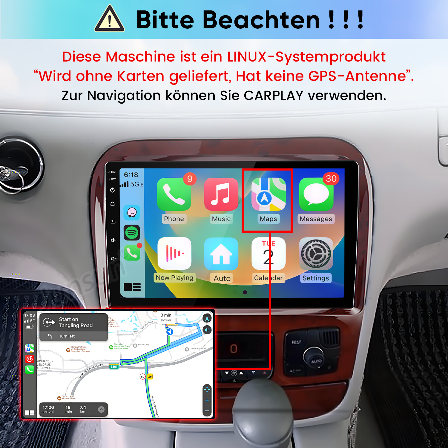 Linux-Autoradio-Display mit App-Icons wie Telefon, Musik und Karten, das CarPlay anzeigt.