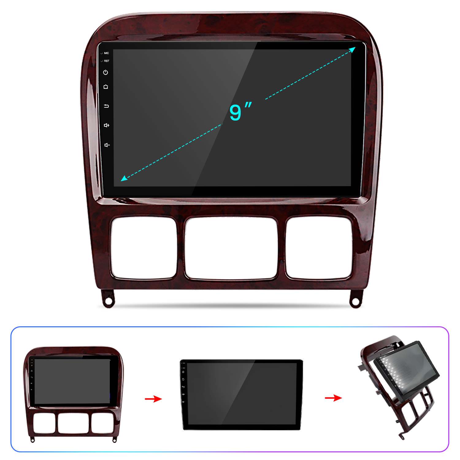 9-Zoll Auto-Multimediadisplay in Holzoptik-Blende mit Touch-Tasten.