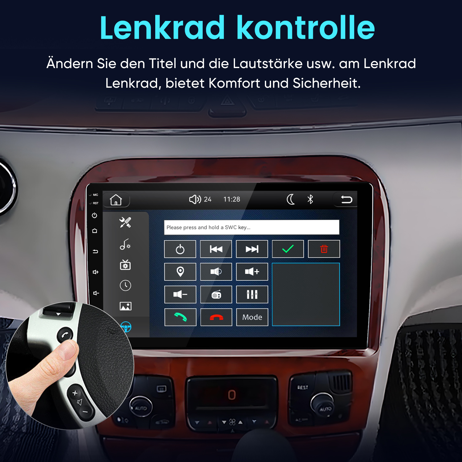 Autoinnenraum mit Touchscreen-Display und Detailansicht der Lenkradtasten.